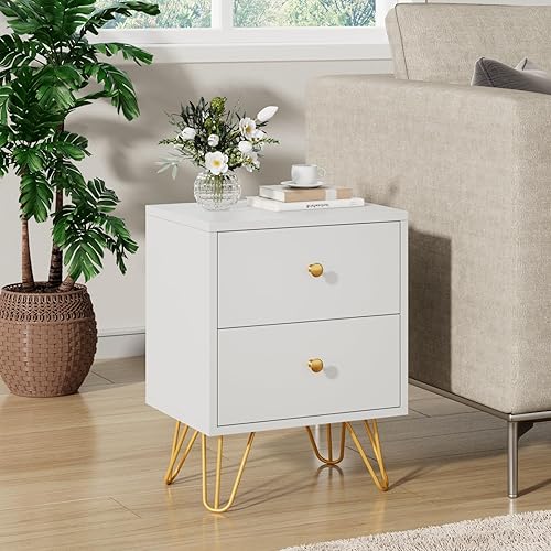 Miniatura 6 de CARPETNAL Juego de 2 mesitas de noche, mesa auxiliar doble, mesita de noche con 2 cajones, patas de metal y perillas dobles para dormitorio, sala de