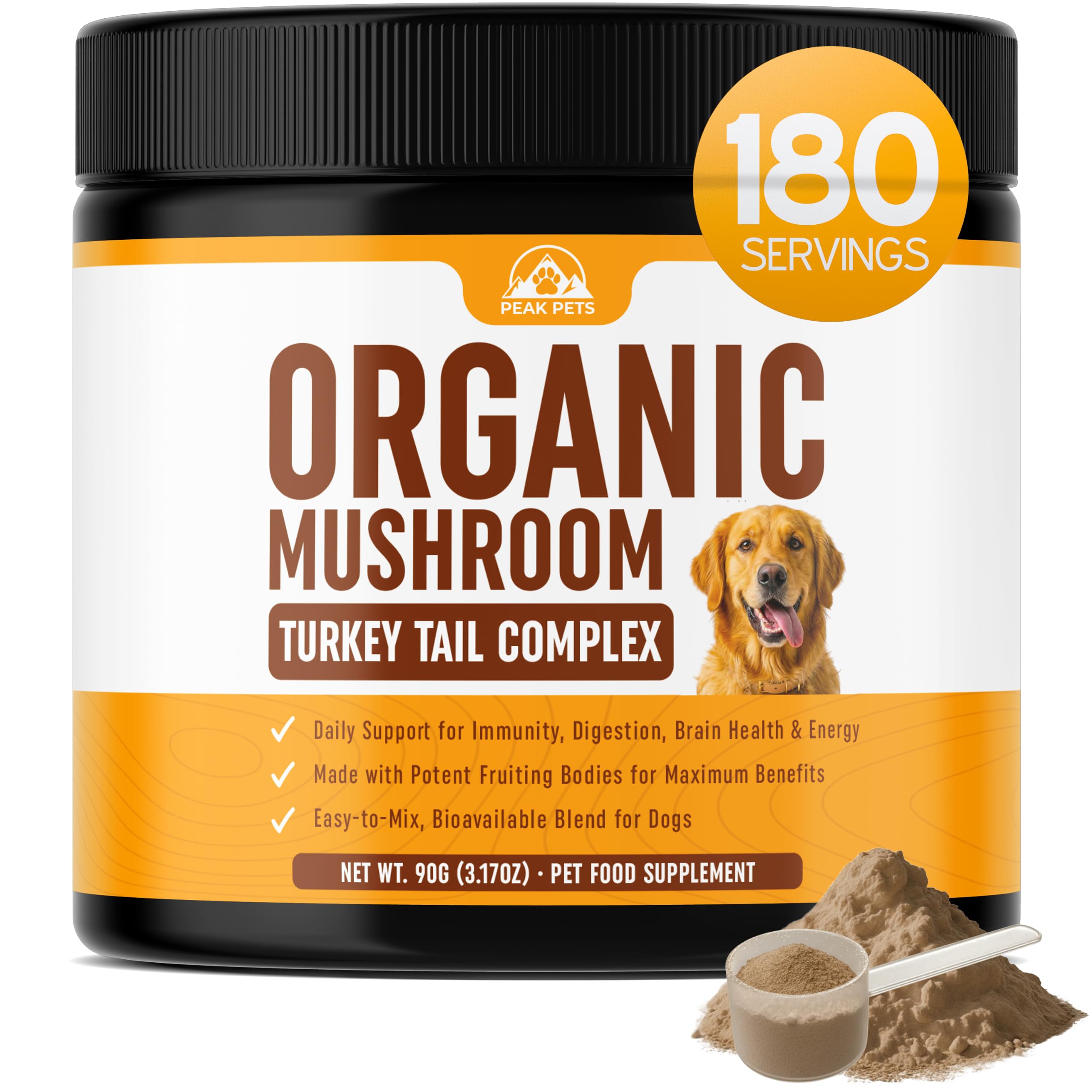 Turkey Tail Mushroom for Dogs Supplement Powder (90g) Organic Mushroom Complex with Lion's Mane for Dogs - Immune Support, Brain Health and Digestion - Third Party Tested, Non-GMO and Made in USA