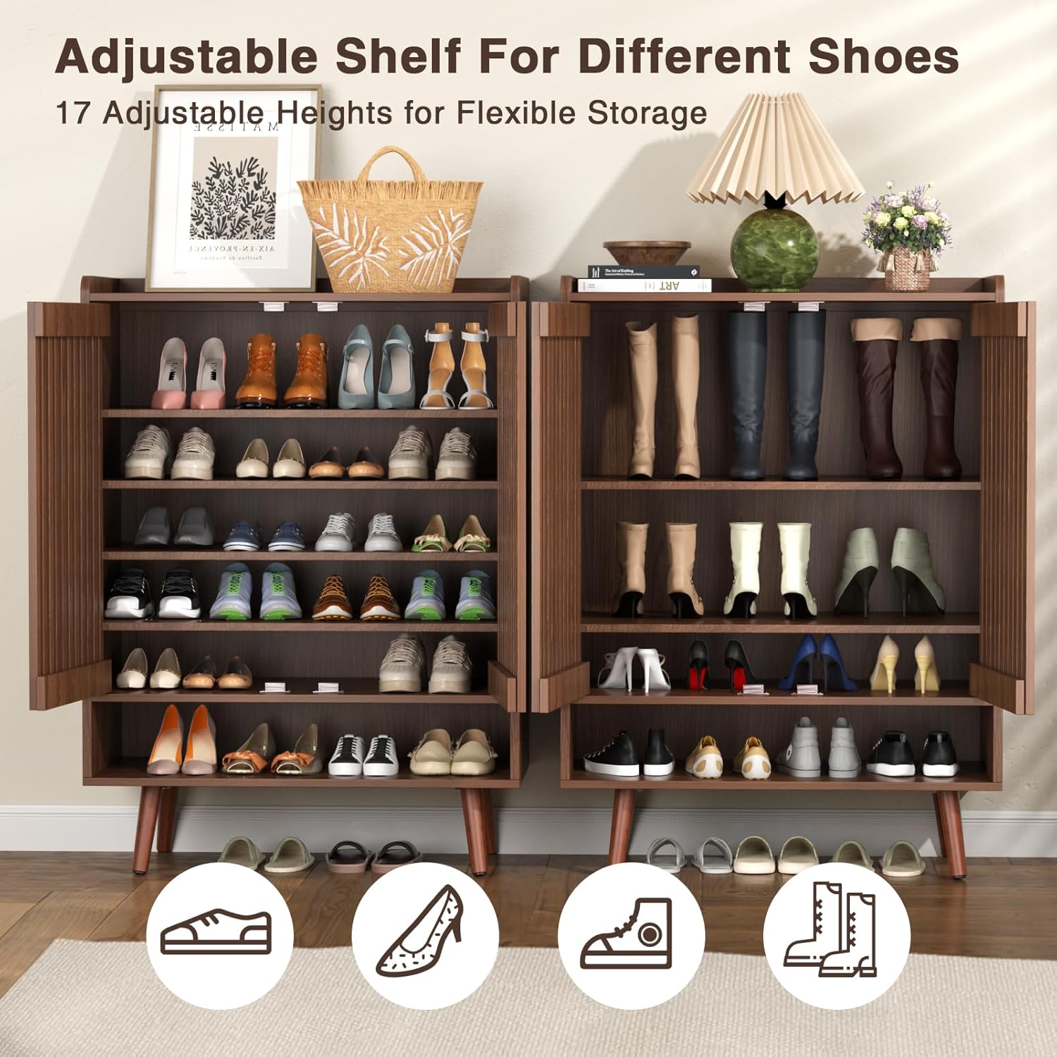 FiveWillowise Large Shoe Storage Cabinet with Adjustable Shelves, 6-Tier Wooden Shoe Rack Organizer with Grille Doors for Entryway, Hallway, Closet, Bedroom, Living Room, Walnut