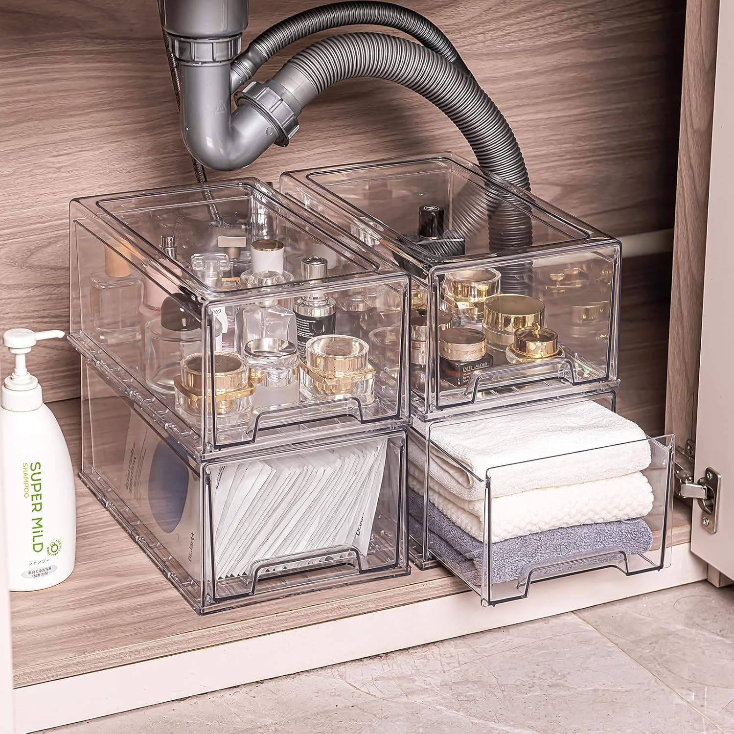 2 Pack Stackable Storage Drawers, Plastic Clear Organizer Bins with Handles for Undersink, Kitchen Cabinet, Fridge, Closet, Pantry, Office, Bathroom