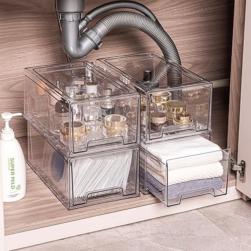 Miniatura 2 de PeJeyiee - Paquete de 2 cajones apilables extraíbles, organizadores de plástico transparente con asas, fácil de limpiar para debajo del fregadero,