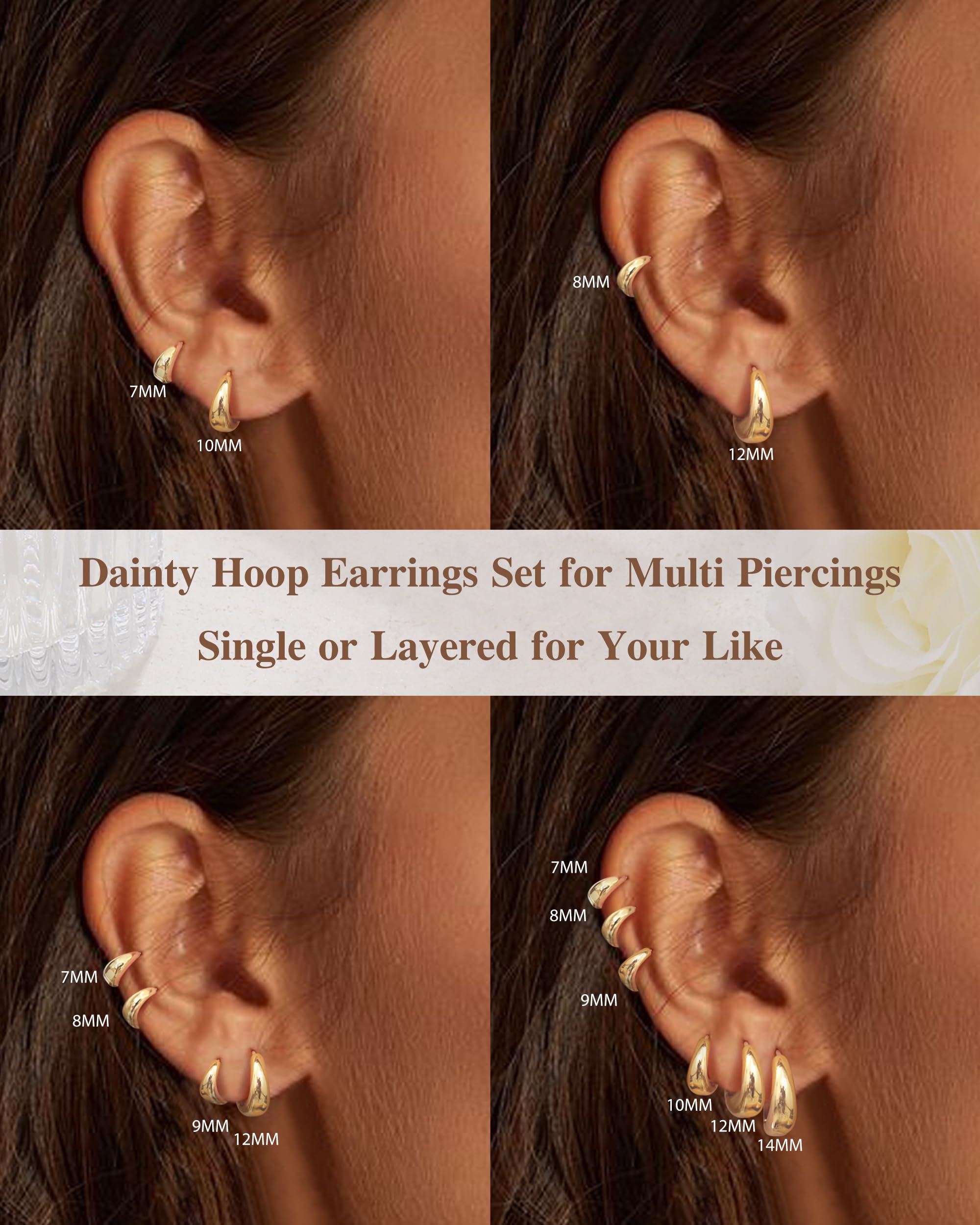 ORAZIO 6 Paia Orecchini Cerchio Donna Argento Oro Placcato 14K Anallergici Orecchini A Cerchio Donna Argento Piercing Orecchio Fori Multipli 7/8/9/10/12/14MM