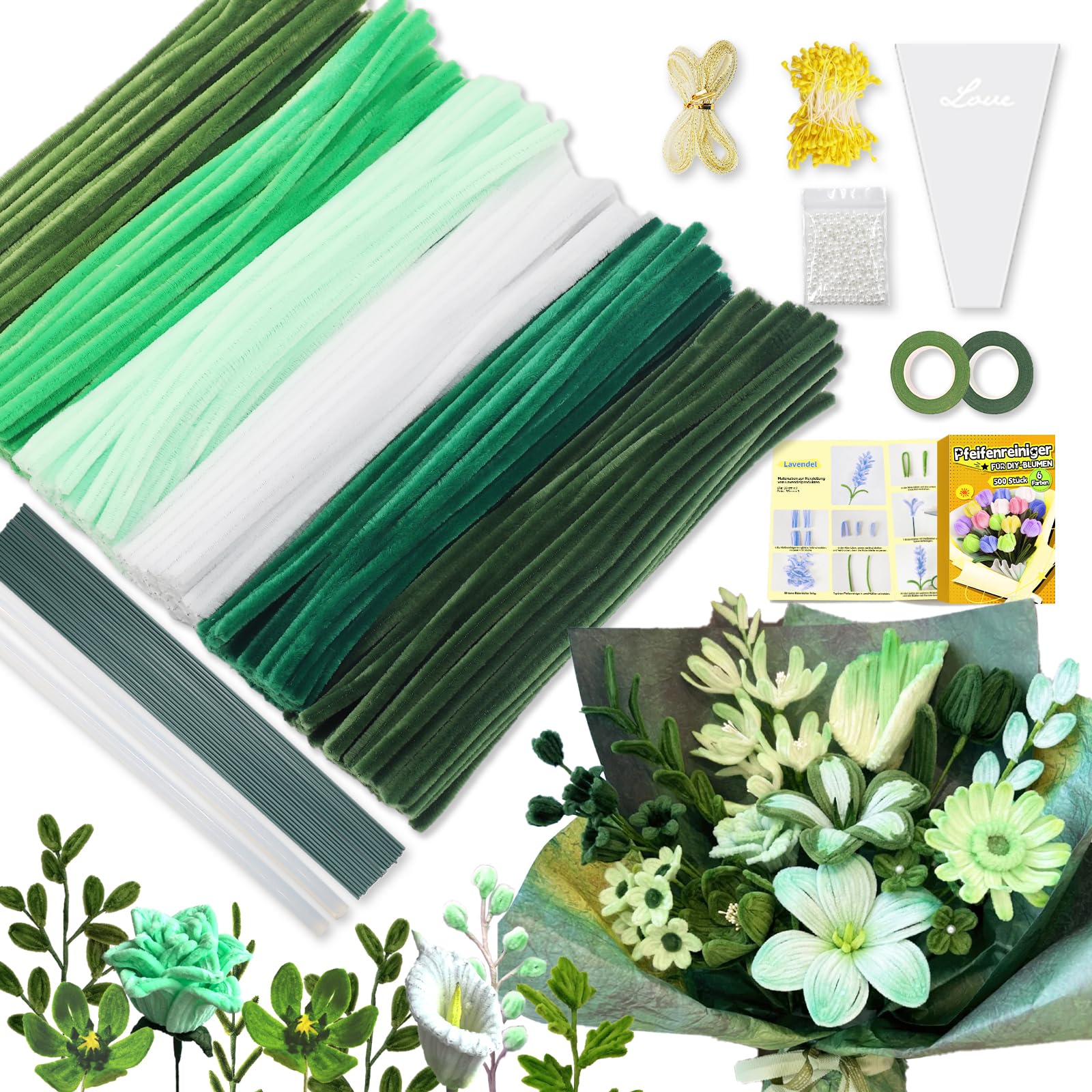iDattel Pfeifenreiniger blumen set,pfeifenputzer zum Basteln 500 Stück in 6 Farben,Pfeifenreiniger blumen Mit Blumenstöcke,Klebebandrollen,Klebestifte,Anleitungen,Staubgefäße,Lidschatten（Grün）