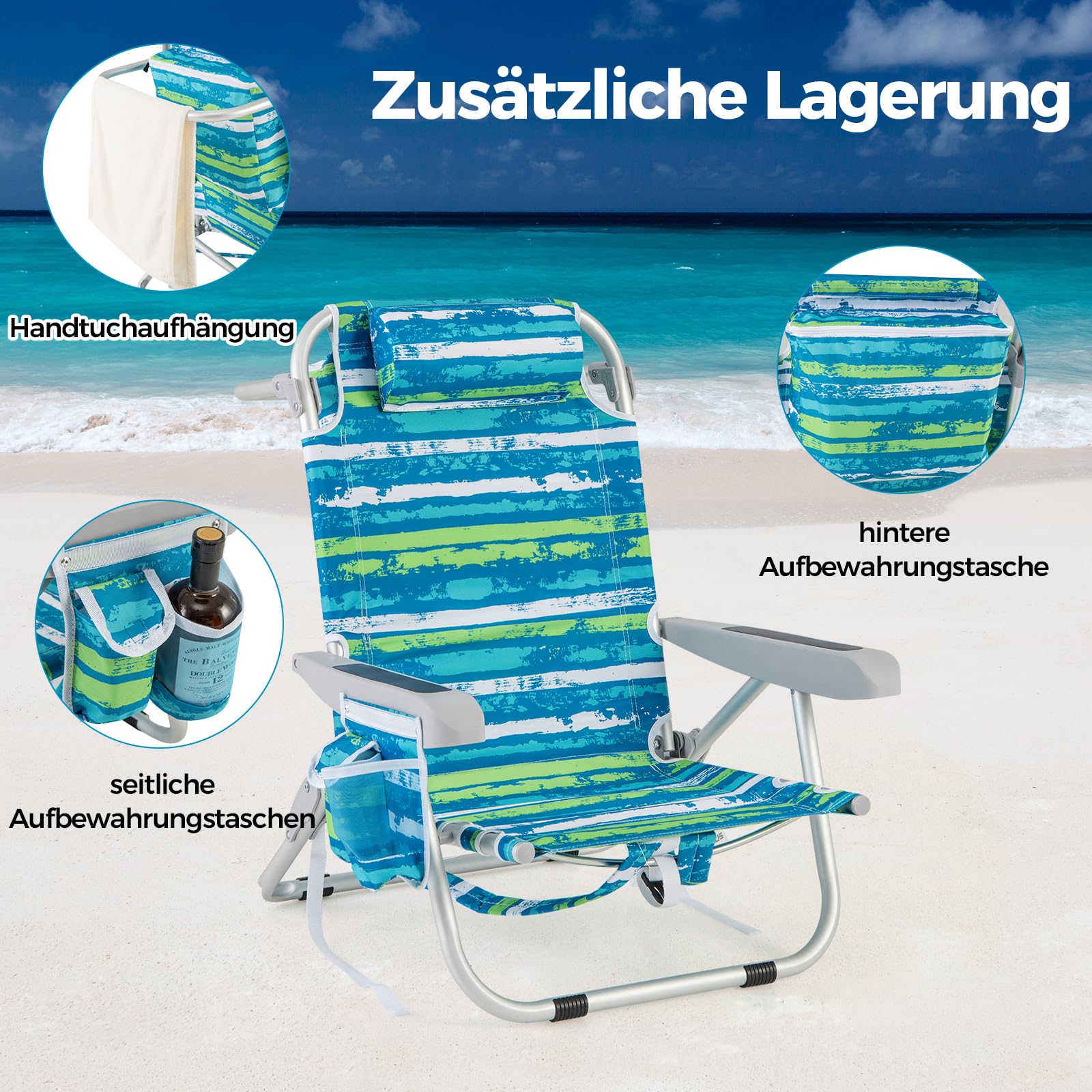GOPLUS Strandstuhl klappbar leicht, Campingstuhl Outdoor Aluminium mit 5-Fach Verstellbarer Rückenlehne, bis 150kg belastbar, Klappstuhl Faltstuhl rutschfest mit Kissen Schultergurten (Grün,1)