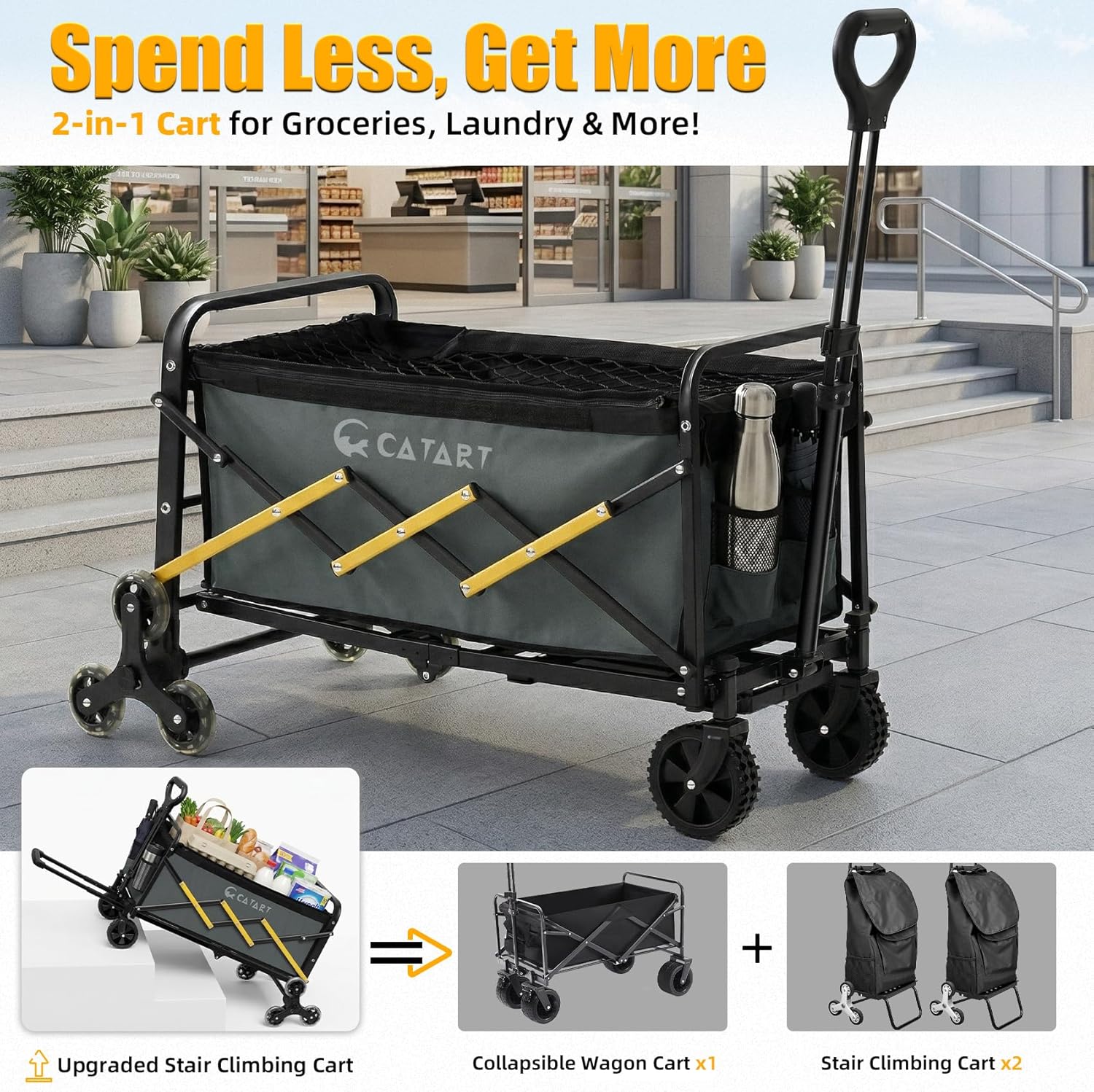 Folding Utility Cart with Triangular Wheels, 2 in 1 Collapsible Wagon for Stairs, Multi-Scene Stair Climbing Wagon, Lightweight Hand Truck with Telescoping Handle for Grocery, Laundry, Moving, Office