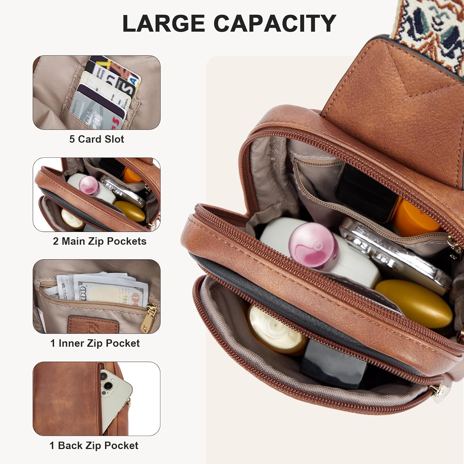 BOSTANTEN Sling Bag Quilted Crossbody Bags for Women Cross Body Purse Leather Fanny Pack with Adjustable Guitar Strap - Image 3