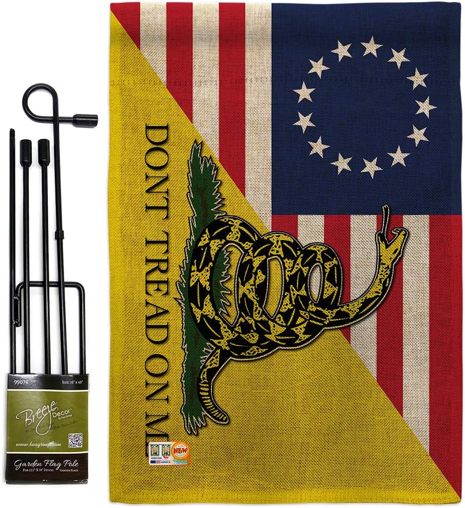 Betsy Ross Don't Tread On Me Garden Flag Set with Stand Patriotic July Memorial Veteran Independence United State American Small Decorative Gift Yard House Banner Double-Sided Made In USA 13 X 18.5