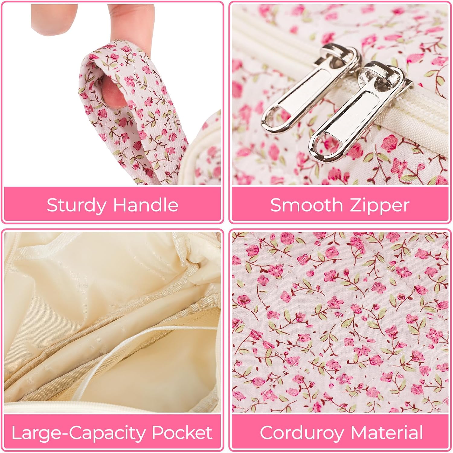 Quilted Pencil Pouch for Girls Women, Large Pencil Case Pouch with Compartments Cute Aesthetic Pencil Case Organizer, Floral Pencil Bag for School Supplies (pink floral) - Image 3