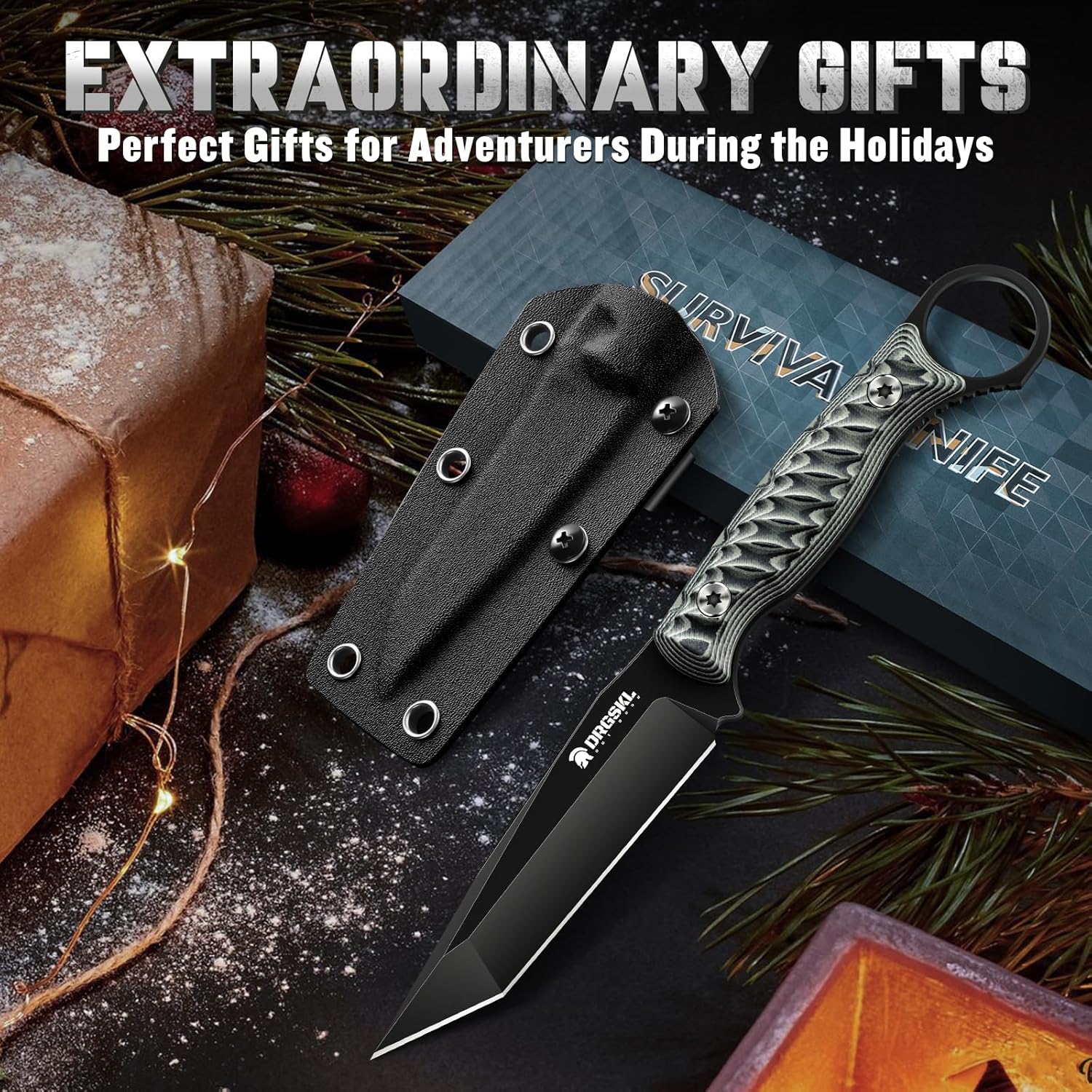 DRGSKL Tanto Fixed Blade Knife - Full Tang Survival Knife for Bushcraft - Camping Knives with Sheath - Black Knives Forged from a Single Piece of D2 Steel - Ideal Gift for Men - Green