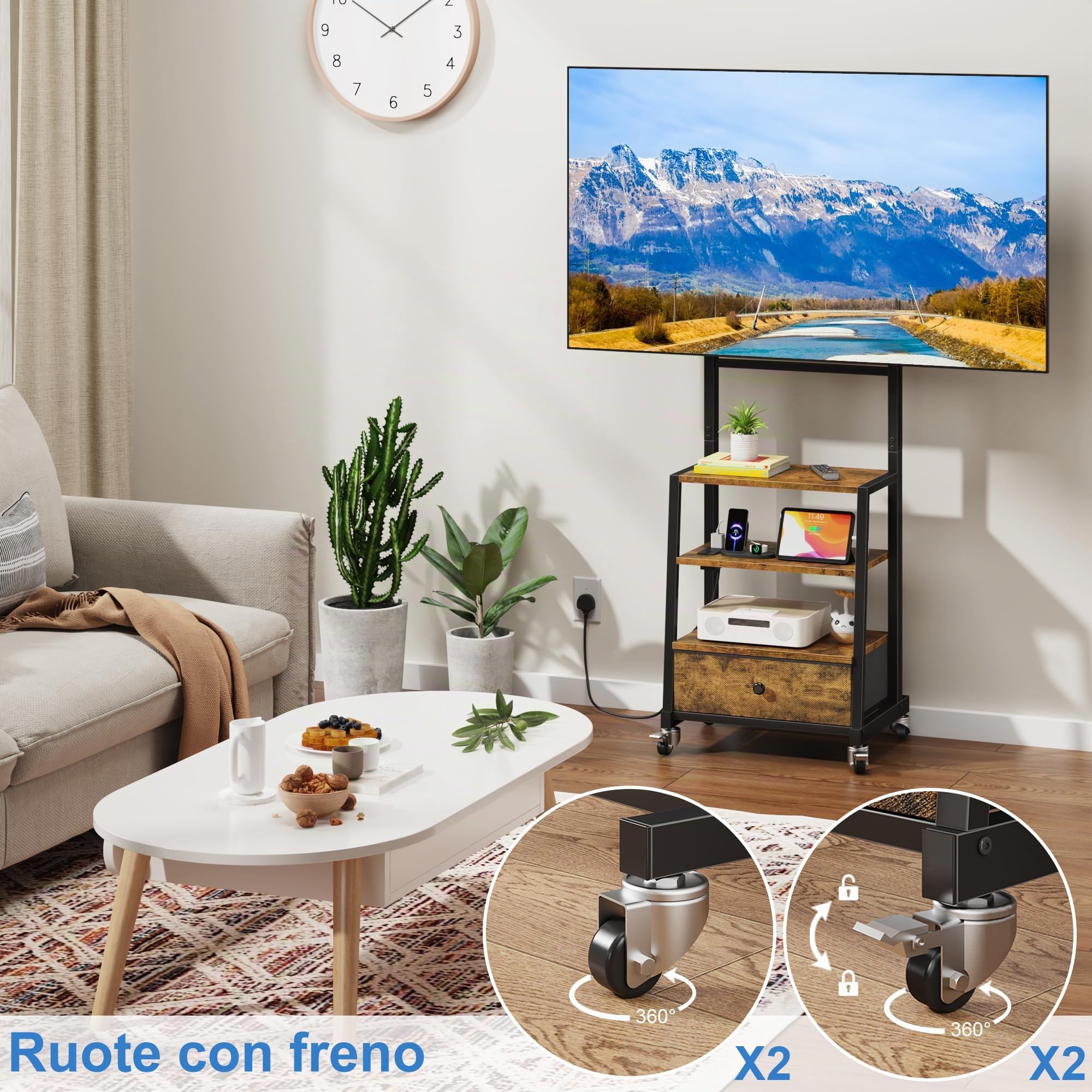 Supporto TV da Pavimento con Ruote per TV 32-75 Pollici, Marrone | Presa di Corrente e USB | 3 Ripiani | Cassetto in Tessuto | Altezza Regolabile | Max VESA 600x400 mm | Carico 50 kg