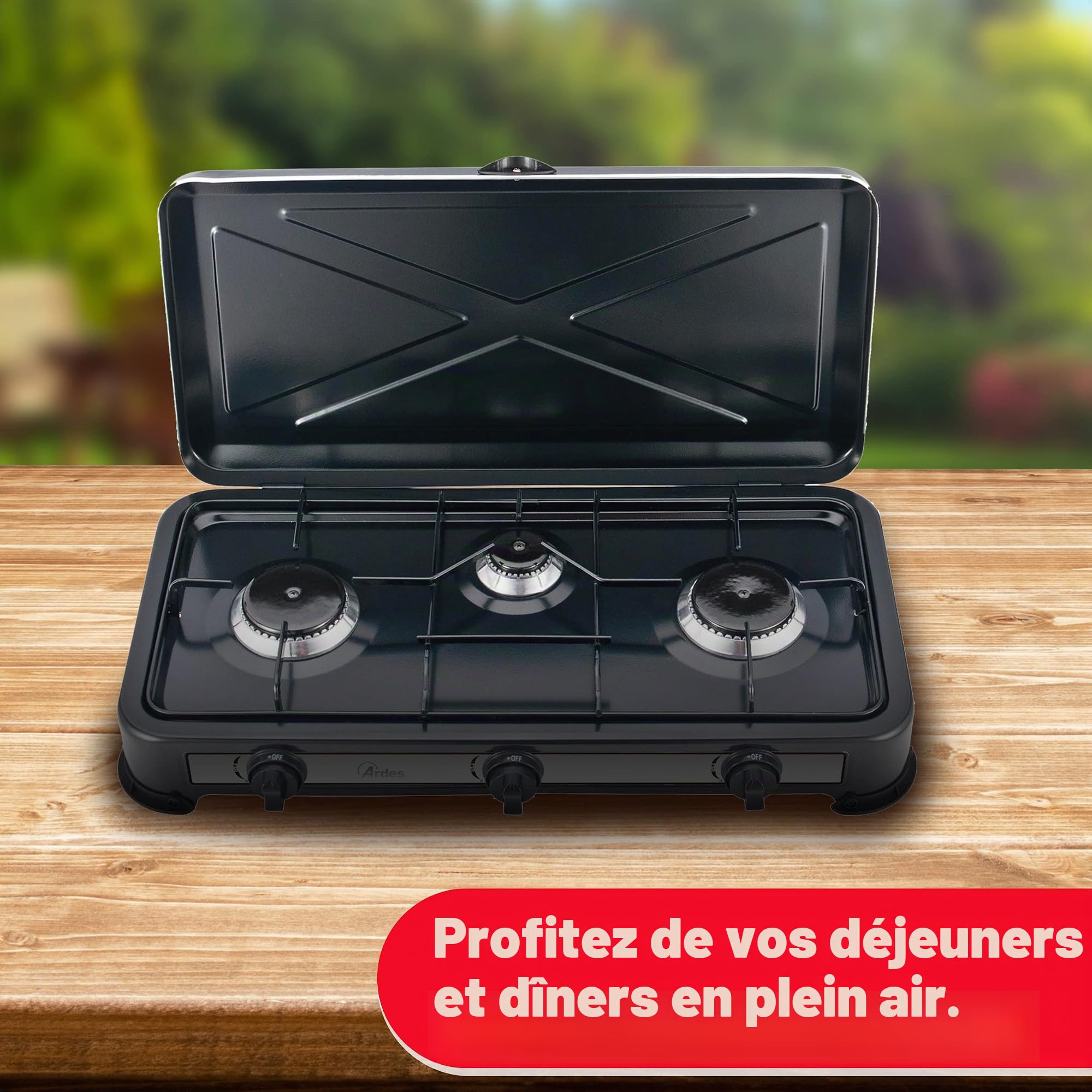 ARDES - AR1FG03 Cuisinière à gaz d'extérieur GPL Portable pour le camping 3 brûleurs avec couvercle en acier peint en noir - Classe d'efficacité énergétique A+++