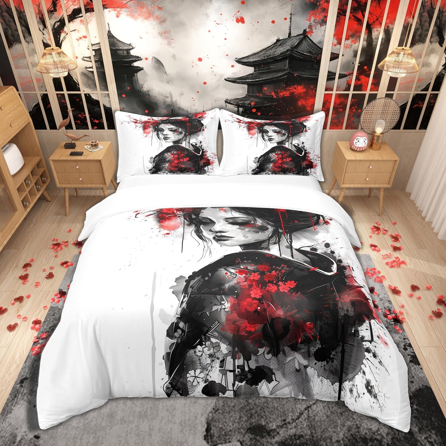 Homemissing Kids Japan Art Geisha Bedding Set Single Size Boys Girls Cherry Blossoms Comforter Cover Set Japanese Style Duvet Cover Japanese Tradition Aesthetic Bedspread Cover (No Comforter)