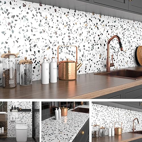 Vista 16 de AbaBoorty Papel tapiz adhesivo de granito de terrazo para encimeras, impermeable, autoadhesivo, mármol, terrazo, papel de pared para encimeras