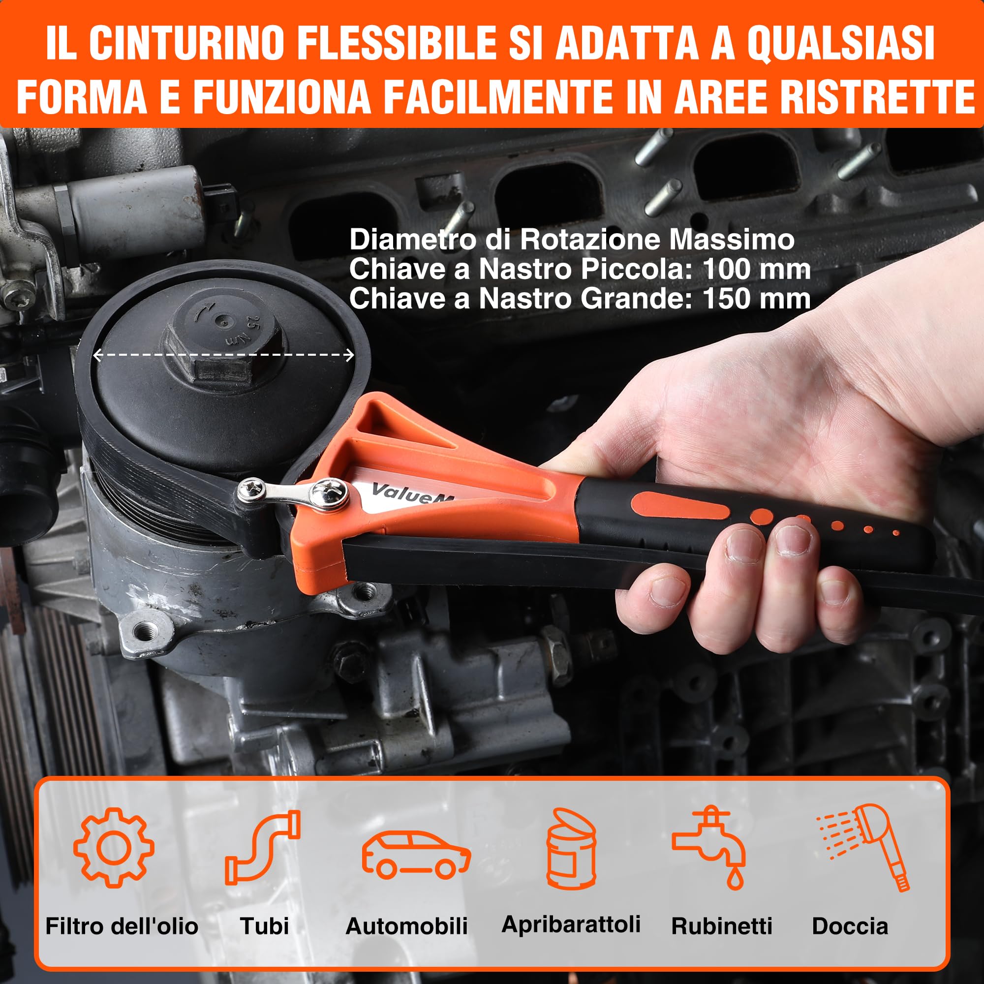 ValueMax Chiave a Cinghia in Gomma Set 2 Pezzi 100 mm 150 mm Universale per Tubi