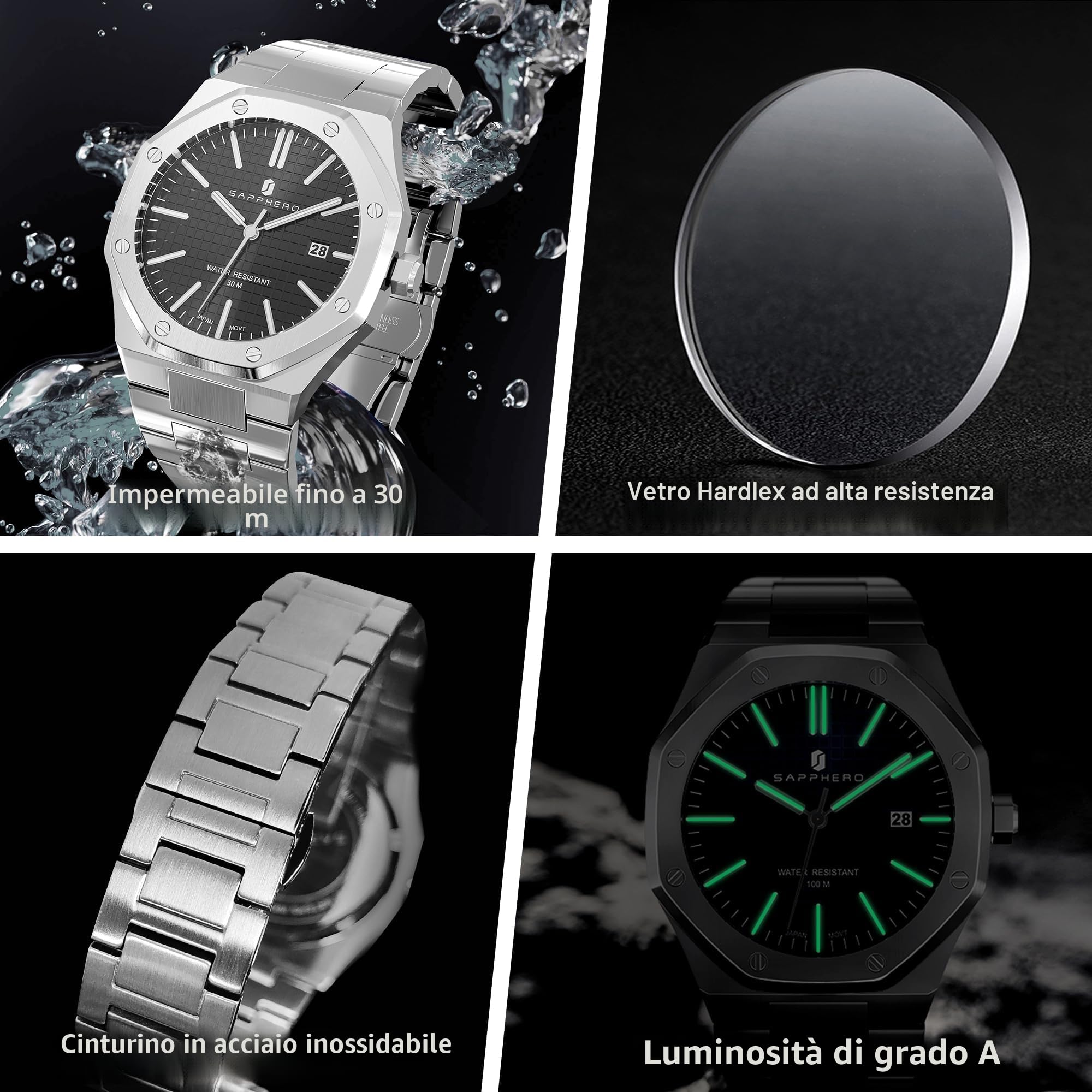 SAPPHERO Orologi da uomo Orologio da uomo in acciaio inossidabile al quarzo impermeabile con datario orologio da polso elegante e professionale regalo per oro
