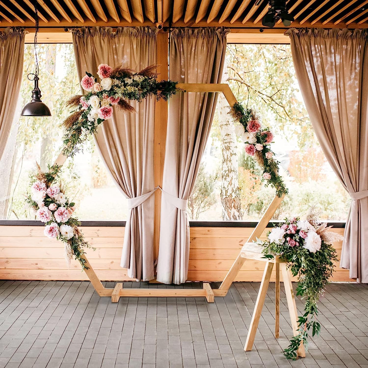 FATIVO Arche de Mariage en Bois: Arc Hexagonal de Fleur Arc de Ballons Anniversaire Photo de Fleur Cérémonie Décoration du Mariage Photographie Fête - 245x210cm