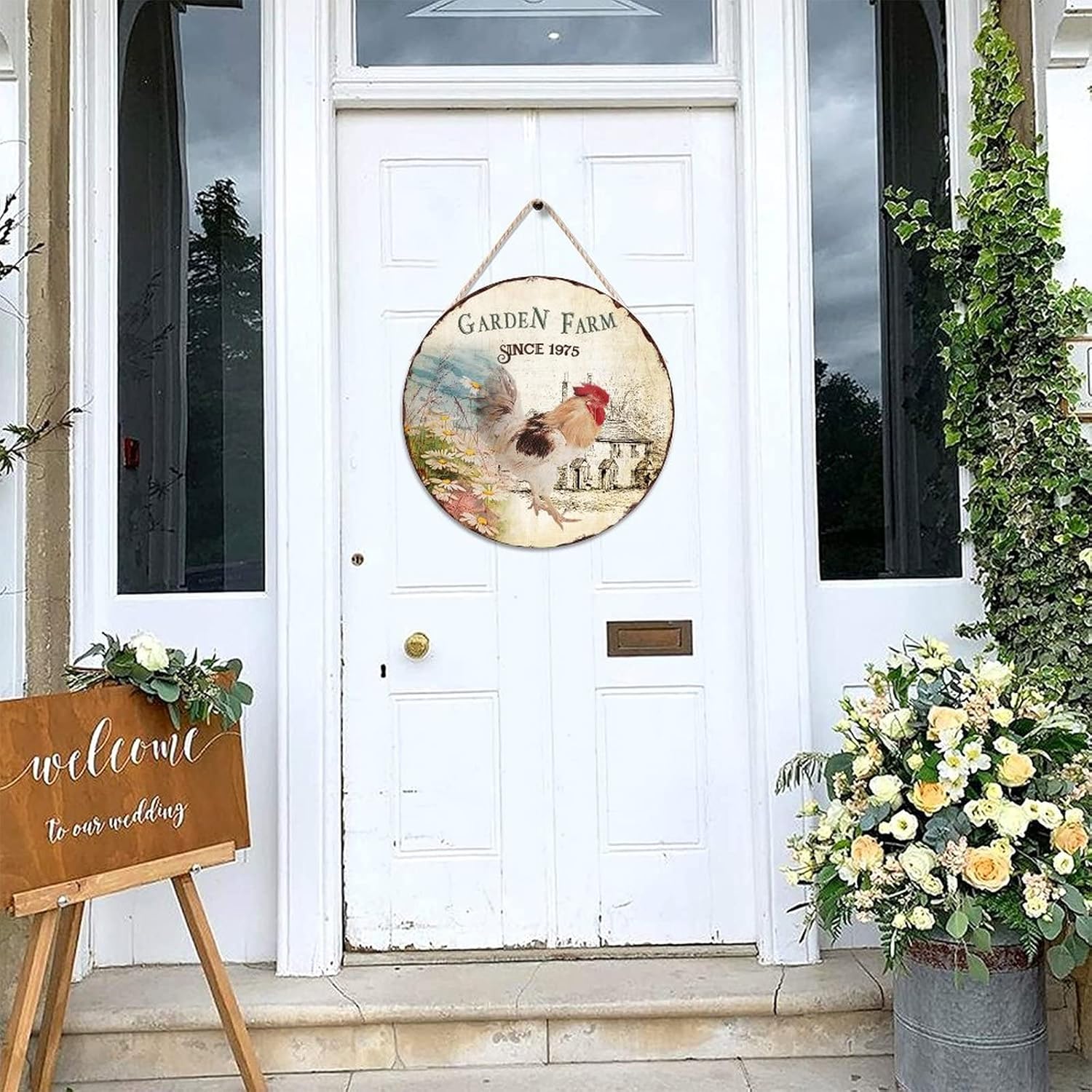 Rustic Wall Hanging Sign Plaque, Garden Farm Since 1975 Wood Door Sign, Chicken 16x16in Round Door Hanger Sign for Front Door Entryway Porch Bar Pub Farewell Party Housewarming Gifts