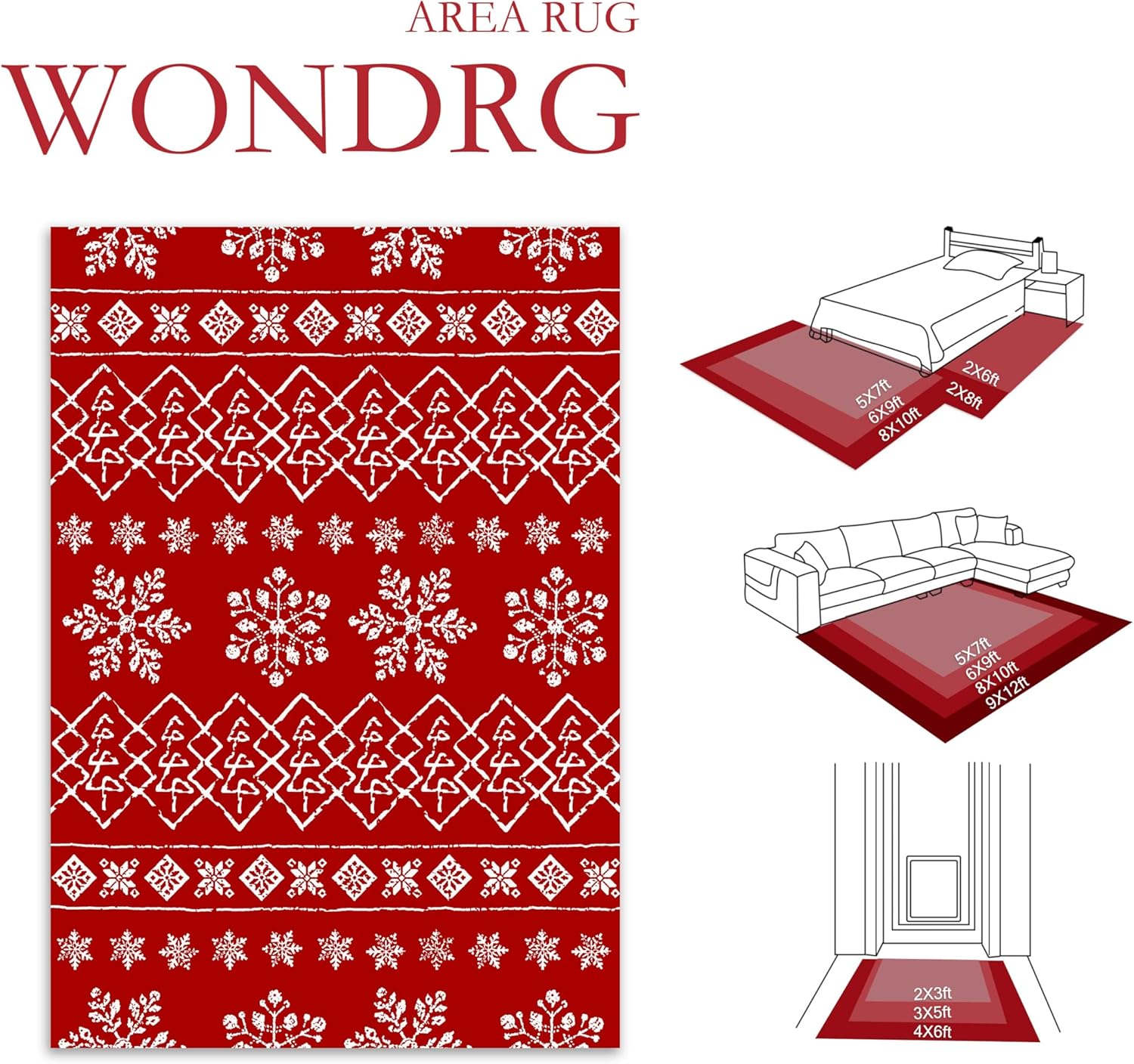 Christmas Area Rug 6x9 Red Snowflake Xmas Tree Decorative Living Room Bedroom Throw Rug Washable Non Slip Soft Low Pile Large Carpet for Kitchen Entryway Dining Room Home Decor 6' x 9' (Rectangular) Snowflake | Red