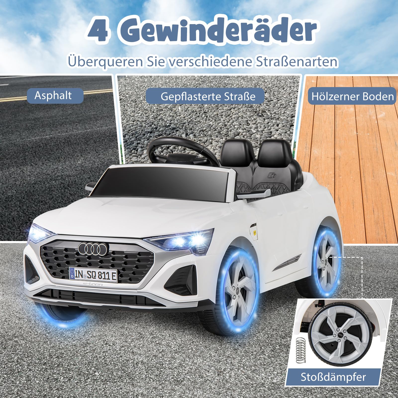 COSTWAY Kinder Elektroauto Audi SQ8, 12V Elektrofahrzeug mit 2,4G Fernbedienung & Hupe & Scheinwerfer & Musik, 3-Gang Kinderauto Elektrisch, Elektroauto für Kinder ab 3 Jahren (Weiß)