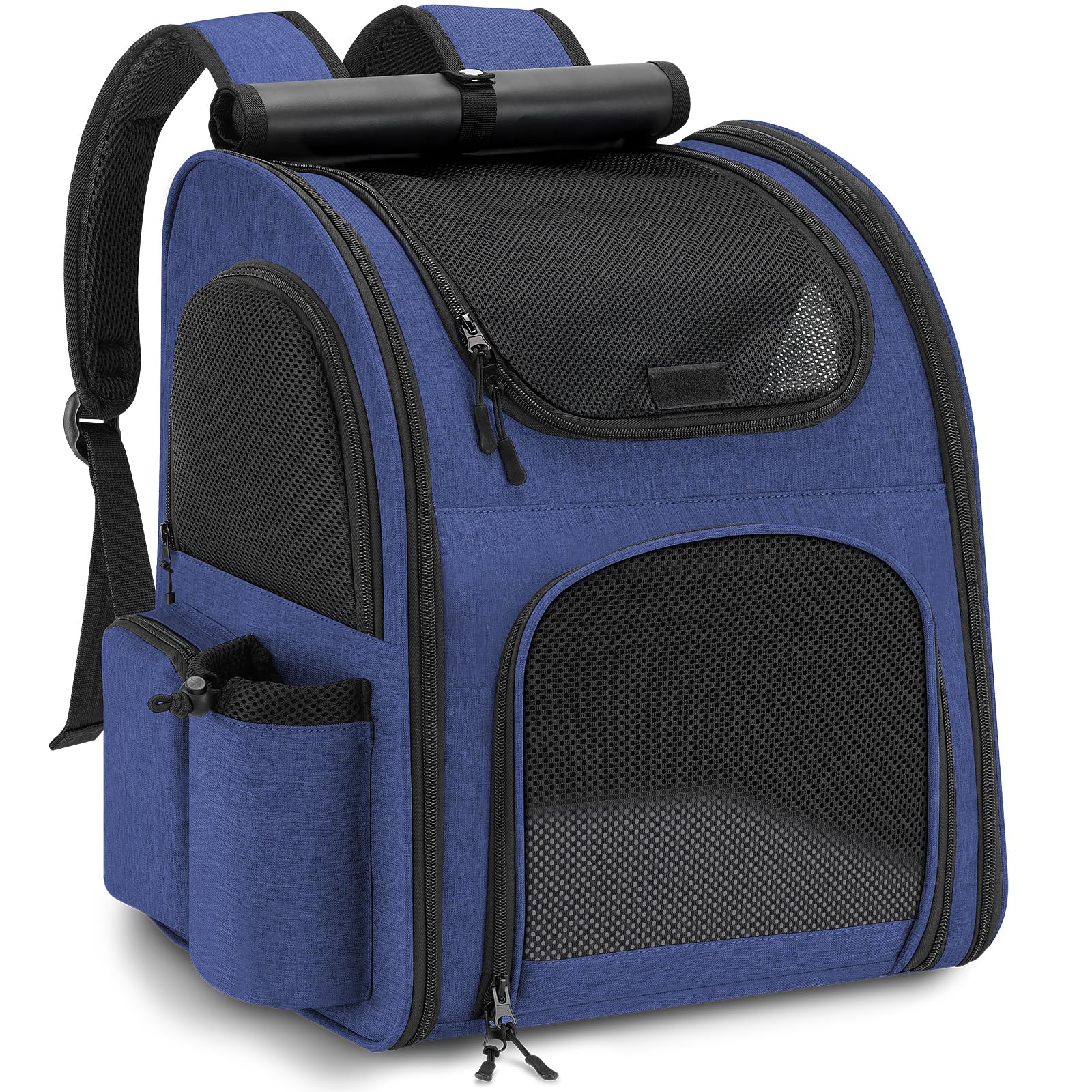 Zaino per Cani Gatti, Grande Zaino Gatto Cane 10 kg, Traspirante Zaino Porta Cane Gatto con Finestra a Rete, Zaino Trasportino Cani Gatto con Guinzaglio Interno e Tappetino per Viaggi - Blu