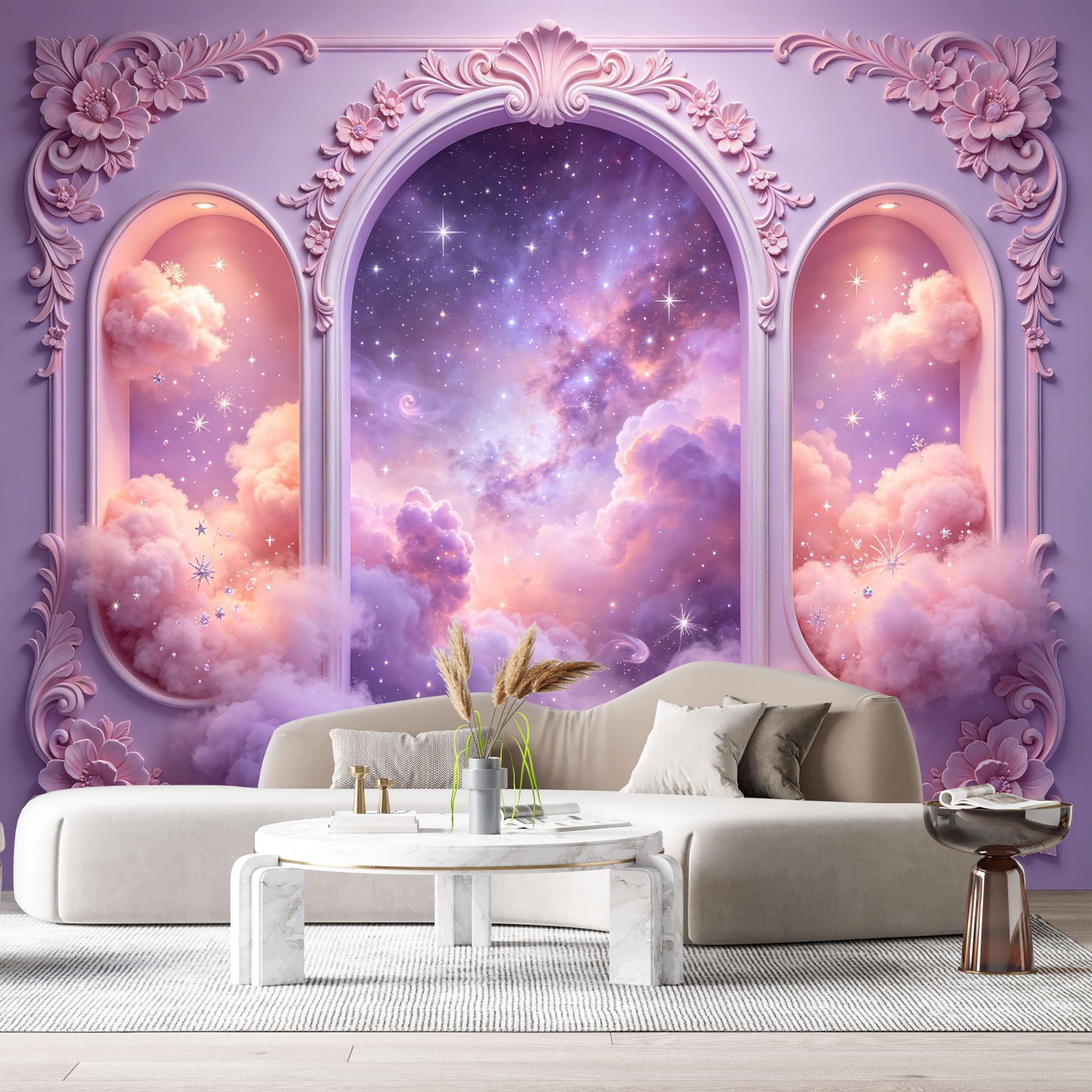 Custom Size Wall Murals Cosmic Fantasy Window Floral Scrollwork 3D Trompe L'Oeil SelfAdhesiveWall Fabric Removable Wallpaper Wall Decor for Living Room Bedroom Bathroom