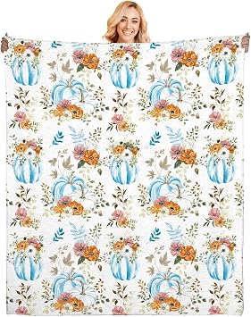Pumpkin Blanket Flannel Gifts for Women Thanksgiving, White Blue Pumpkins Fall Throw Blanket for Couch, Sofa, Bed, Fall Decorations for Home, 50 x 60