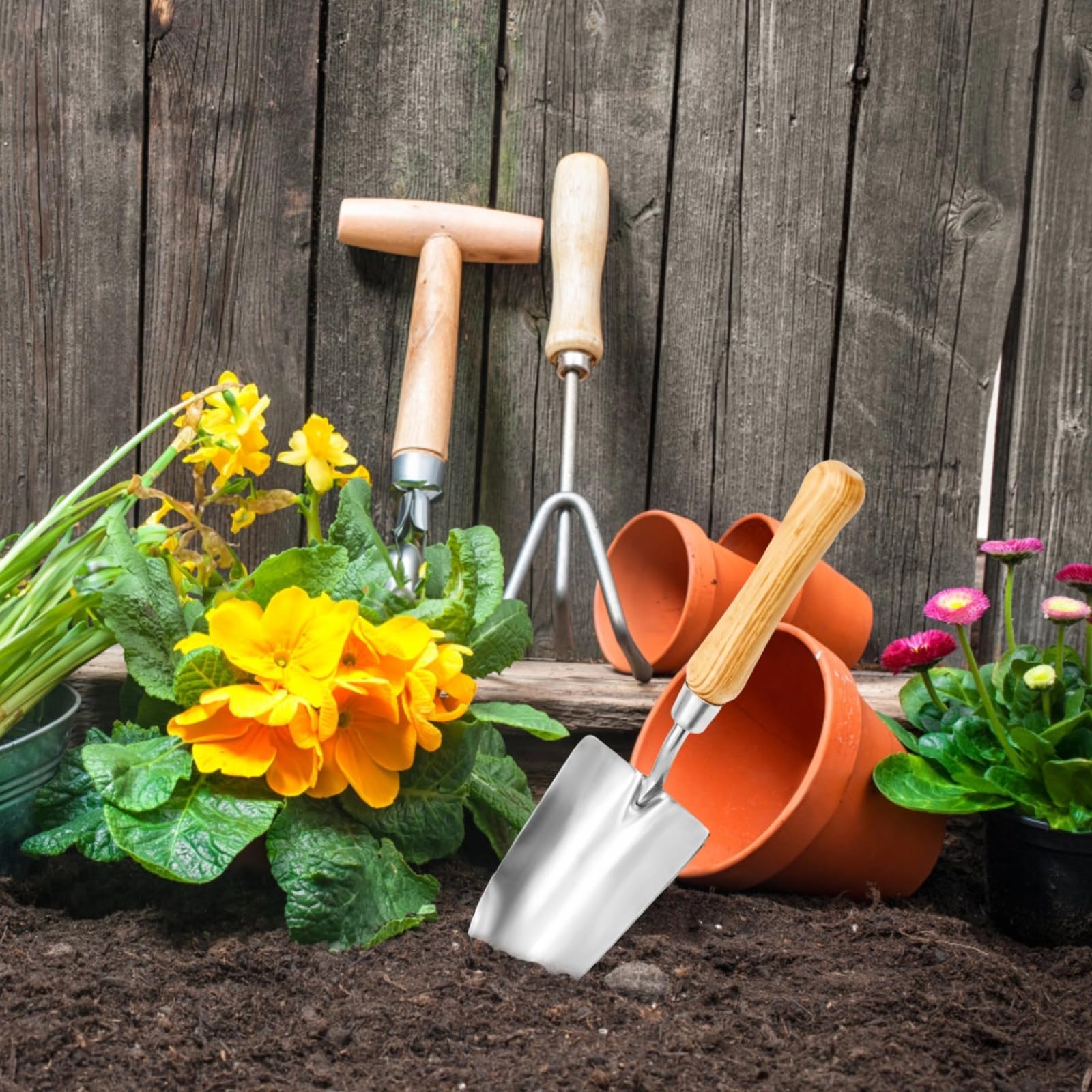 Transplantoir Ergonomique en Acier Inoxydable, Outils de Jardinage pour la Maison, Manche en Bois Confortable, formats Grand et Petit, repères de Mesure pour plantations en extérieur