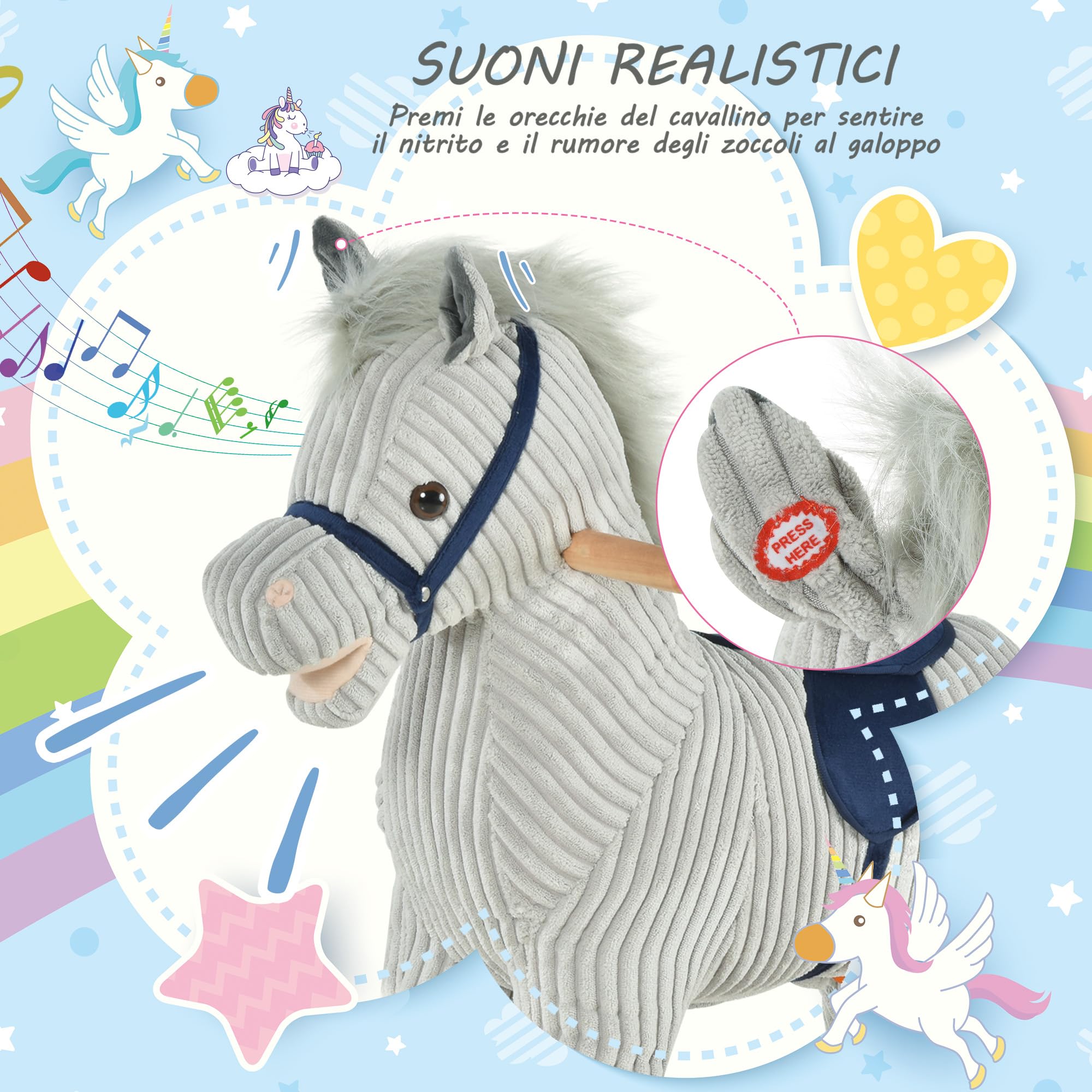 HOMCOM Cavallo a Dondolo per Bambini 3-6 Anni, Cavalluccio a Dondolo Interattivo Riproduce Suoni, in Peluche Grigio, 73x35x64cm
