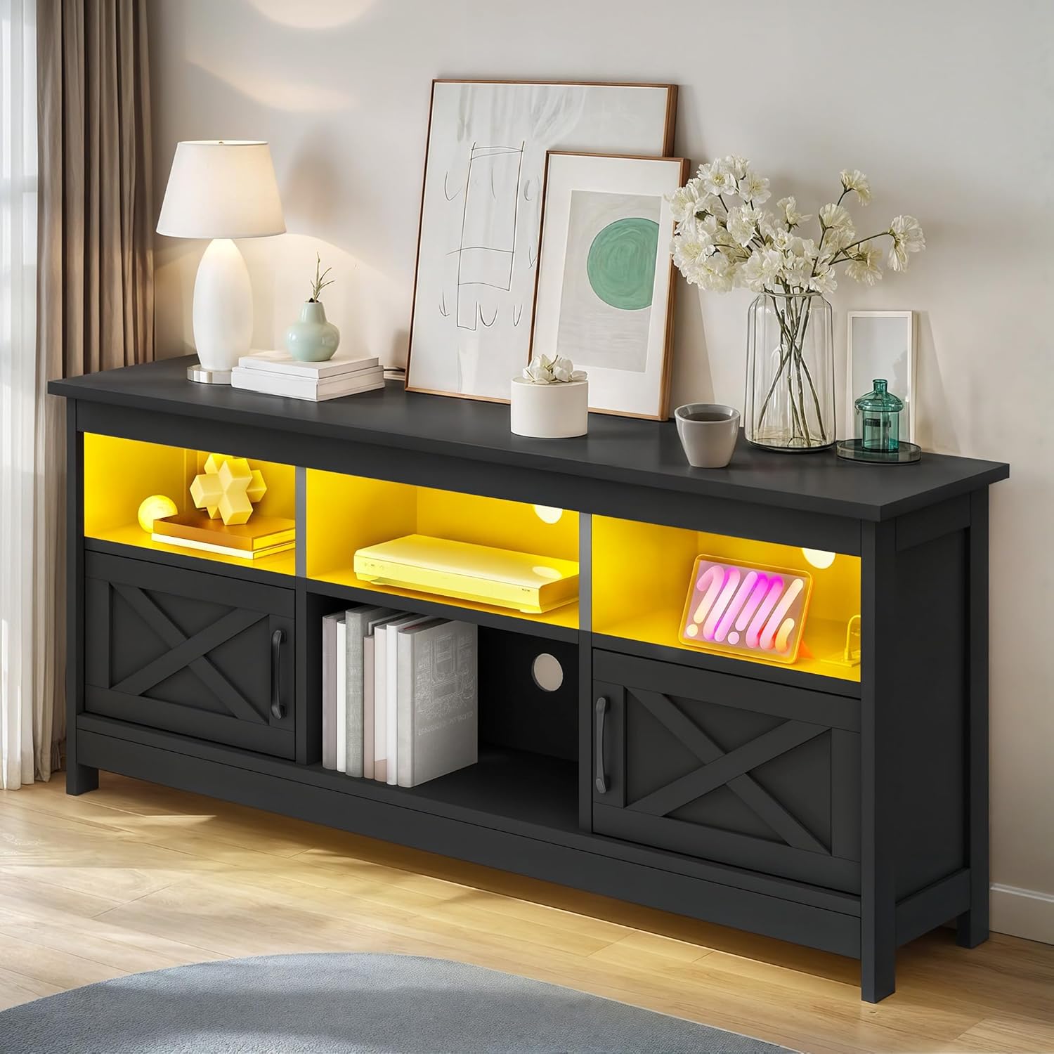 GOOBED 70" Farmhouse TV Stand for TVs up to 75/80 Inches, LED-Lit Entertainment Center with Storage Compartments, Power Strip, Media Console for Living Room (Grey Oak)