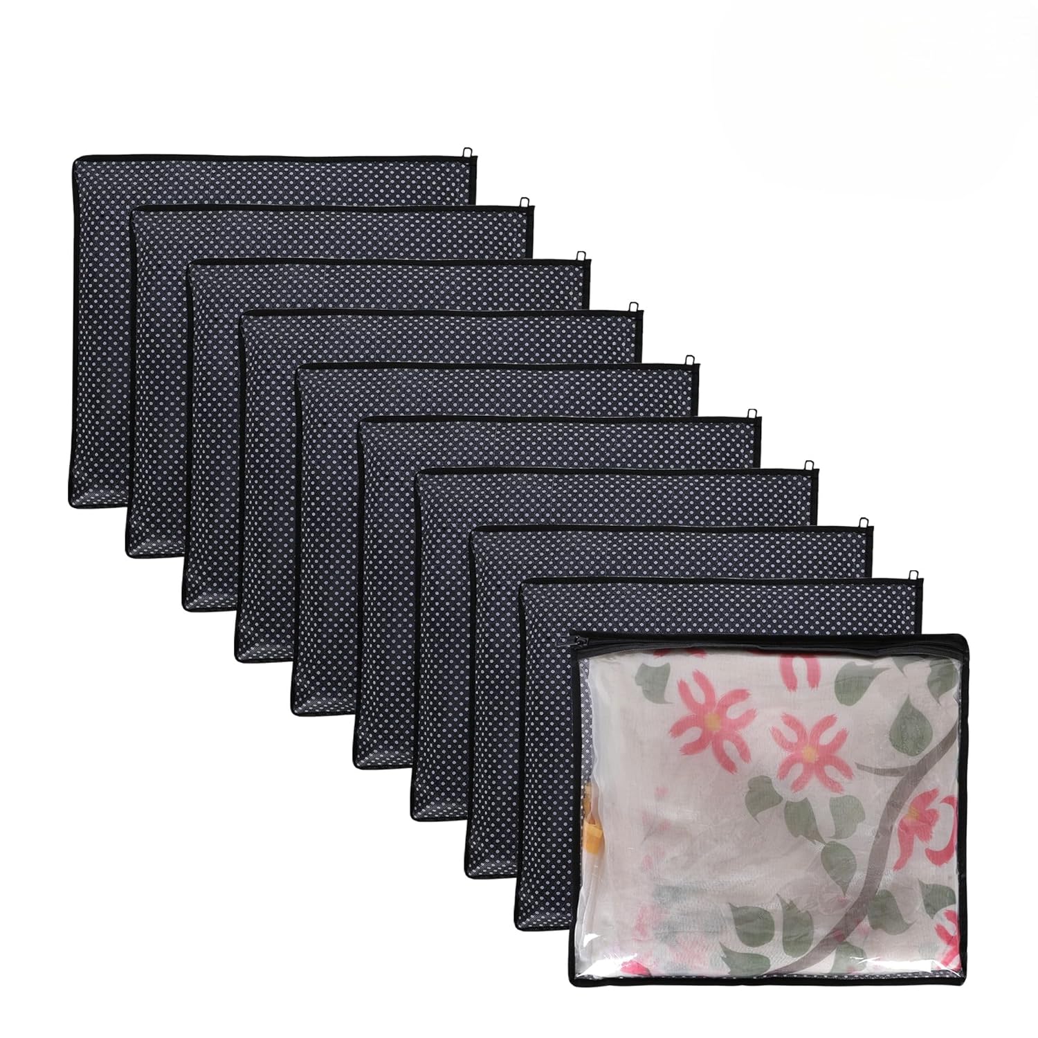 Jeyag Clothes Organizer For Wardrobe Single Storage Organizer For Saree | Salwar Suit | Lehenga Chunni – Dress Organizer For Wardrobe – Single Saree Covers With Zip (Black dot, Pack of 10)