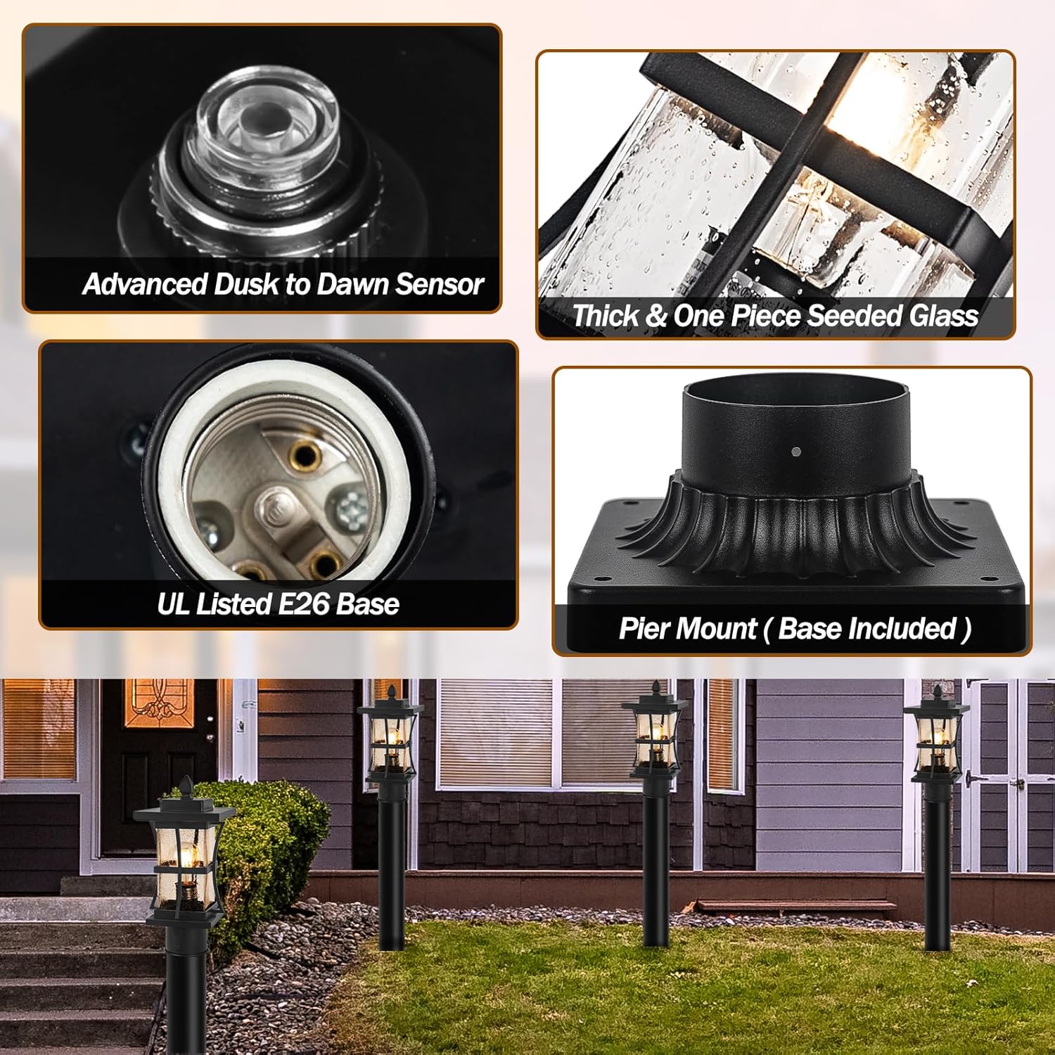 2 Packs Dusk to Dawn Outdoor Post Light Fixture with Pier Mount Base - Black Outdoor Pole Lighting, Waterproof Pillar Lantern, Modern Outside Column with Seeded Glass for Pathway, Garden, Patio,
