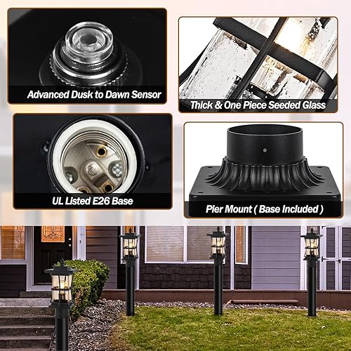 Miniatura 7 de Paquete de 2 lámparas de poste para exteriores del atardecer al amanecer con base de montaje en muelle, iluminación negra de poste para exteriores,