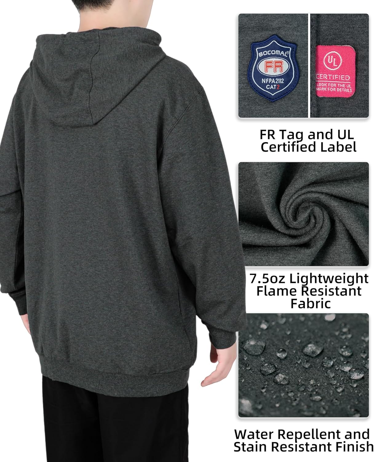 BOCOMAL FR Hoodie Pullover Idea for Summer 7.5oz Lightweight Cotton Flame Resistant Sweatshirt (Non Fleece) - Image 5