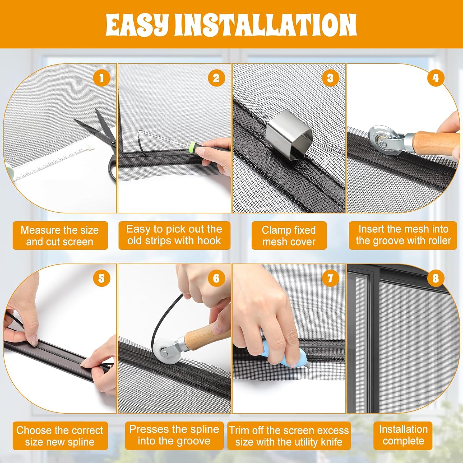 18 Pcs Window Screen Repair Kit Included 2 Rolls 48"x118" Fiberglass Mesh 4"x30ft Screen Repair Tape 8 Clips with Spline, Double Wheel Roller, Hook, Measuring Tape, and Cutter for Door Window