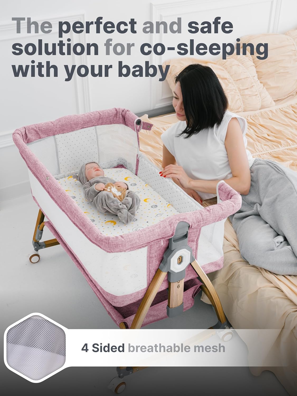 Earth&ME Bedside Bassinet for Baby – Portable Co-Sleeper Crib with Adjustable Height, Breathable Mesh Sides, Storage Basket, Mosquito Net (Wood Grain, Pink)