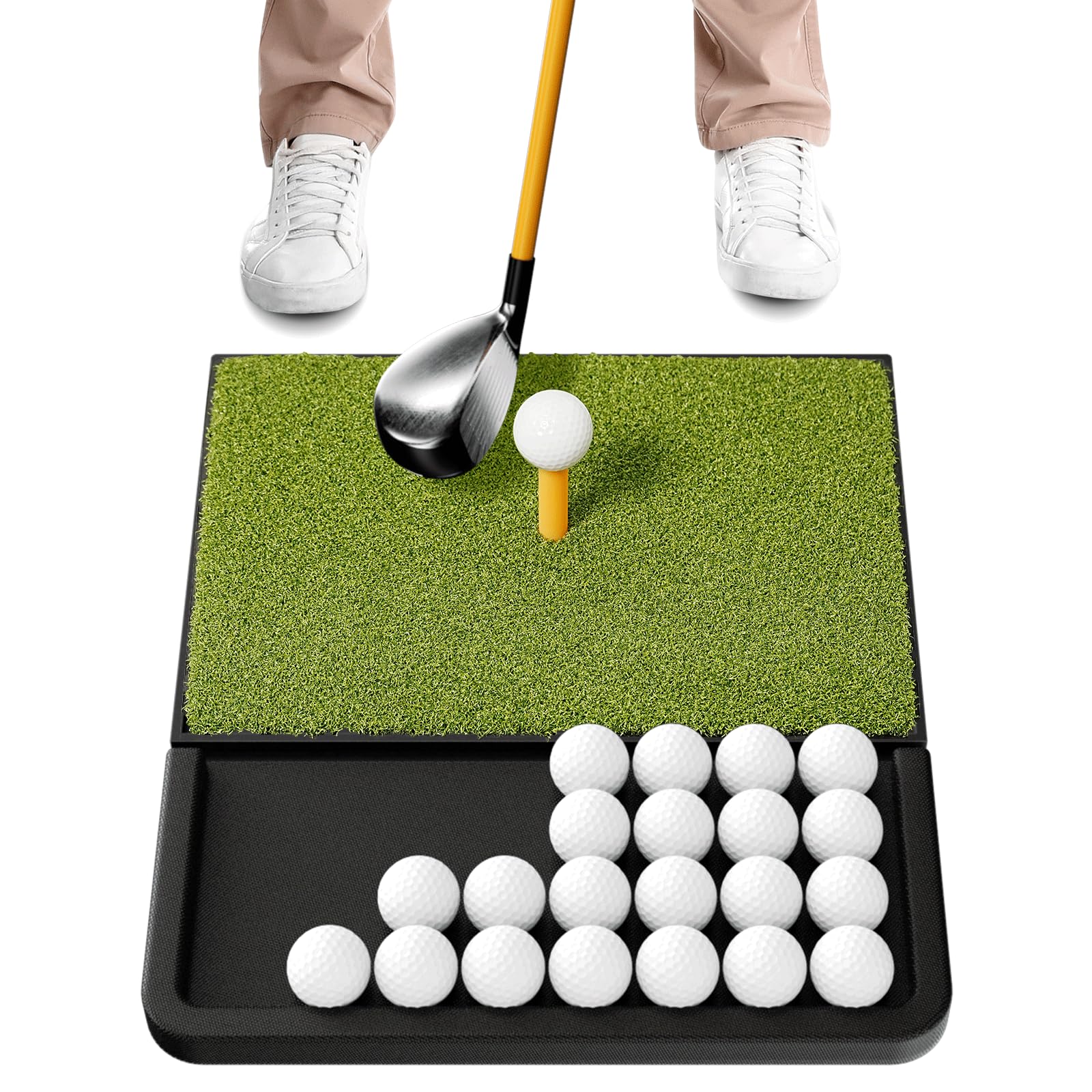 Golf Abschlagmatte mit Ballablage – Trainingsmatte für Garten, Balkon & Driving Range, rutschfest mit Gummi-Tee für Driver, Eisen & Chippen