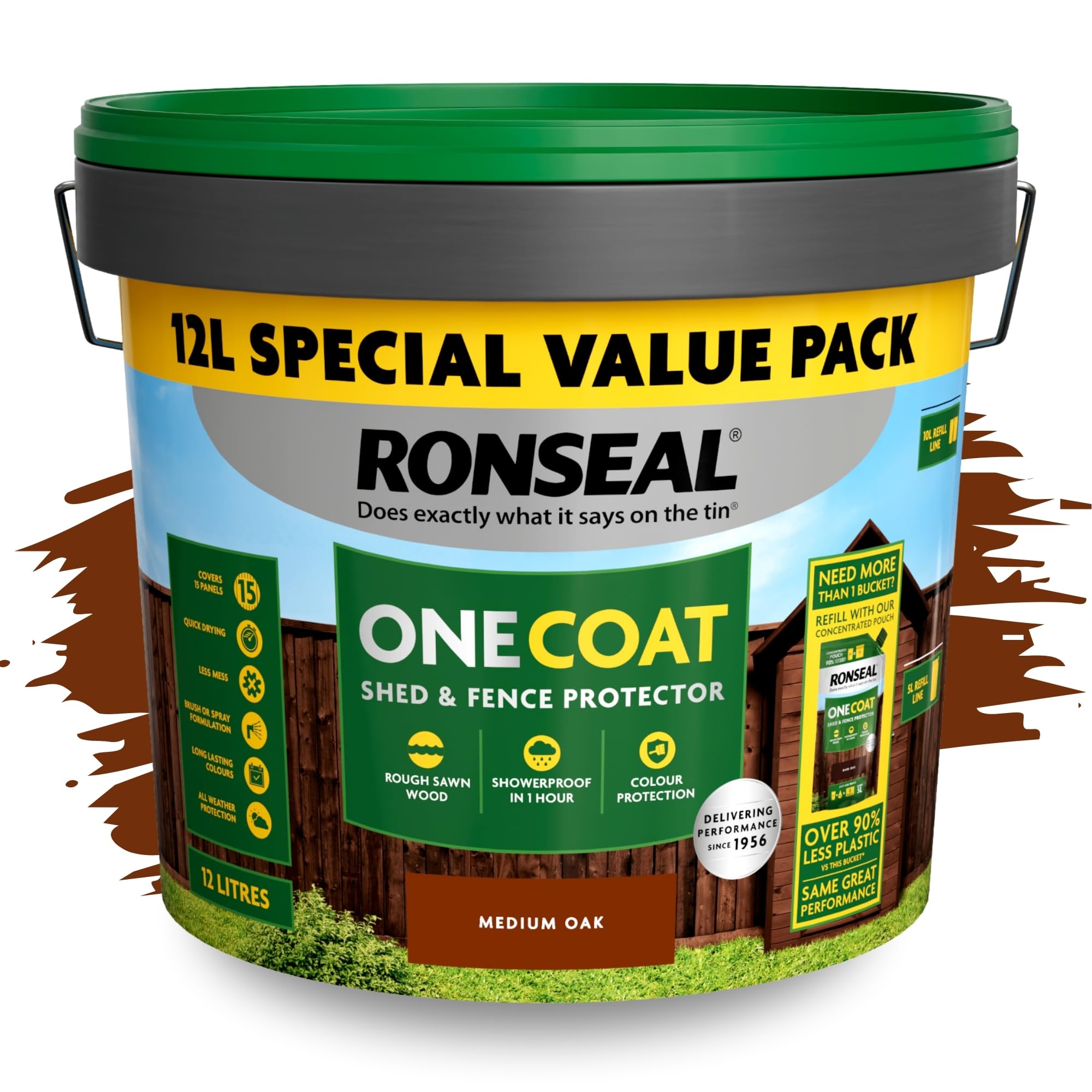 SAVING HUB One Coat Fence Paint 12L- Garden Wood Stain - Outdoor Shed & Timber Protection for Fencing, Trellis & Panels - Weather Resistant, Matt Finish, Quick Dry Formula (Medium Oak, 12 Liter)