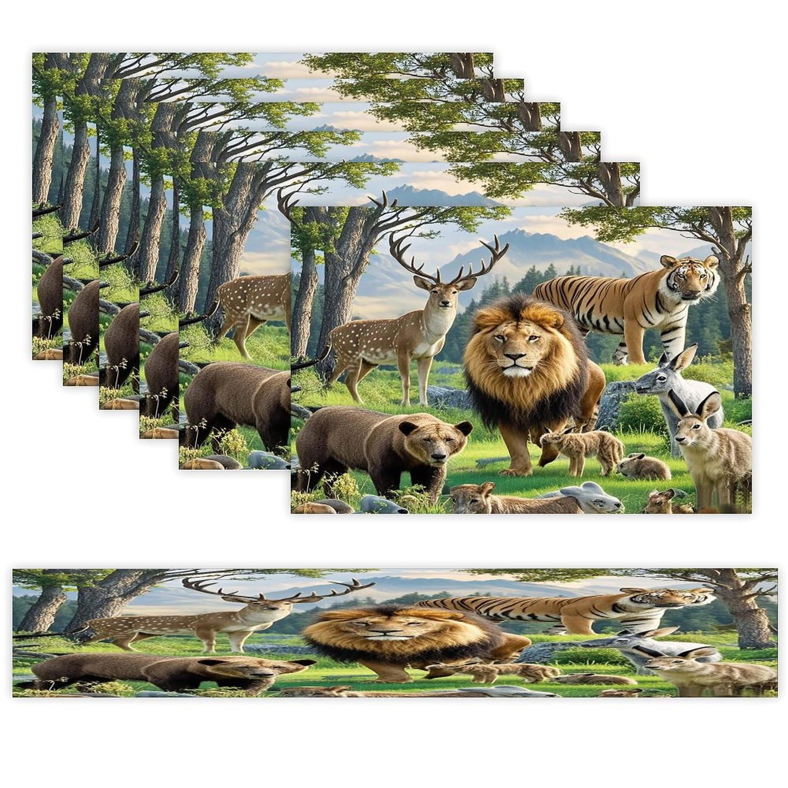 Wild Animals Table Runner and Placemats Set of 6 Heat Resistant Table Runner Place Mats Modern Cloth Table Mat Washable Linen Placemat Festive Reusable Set