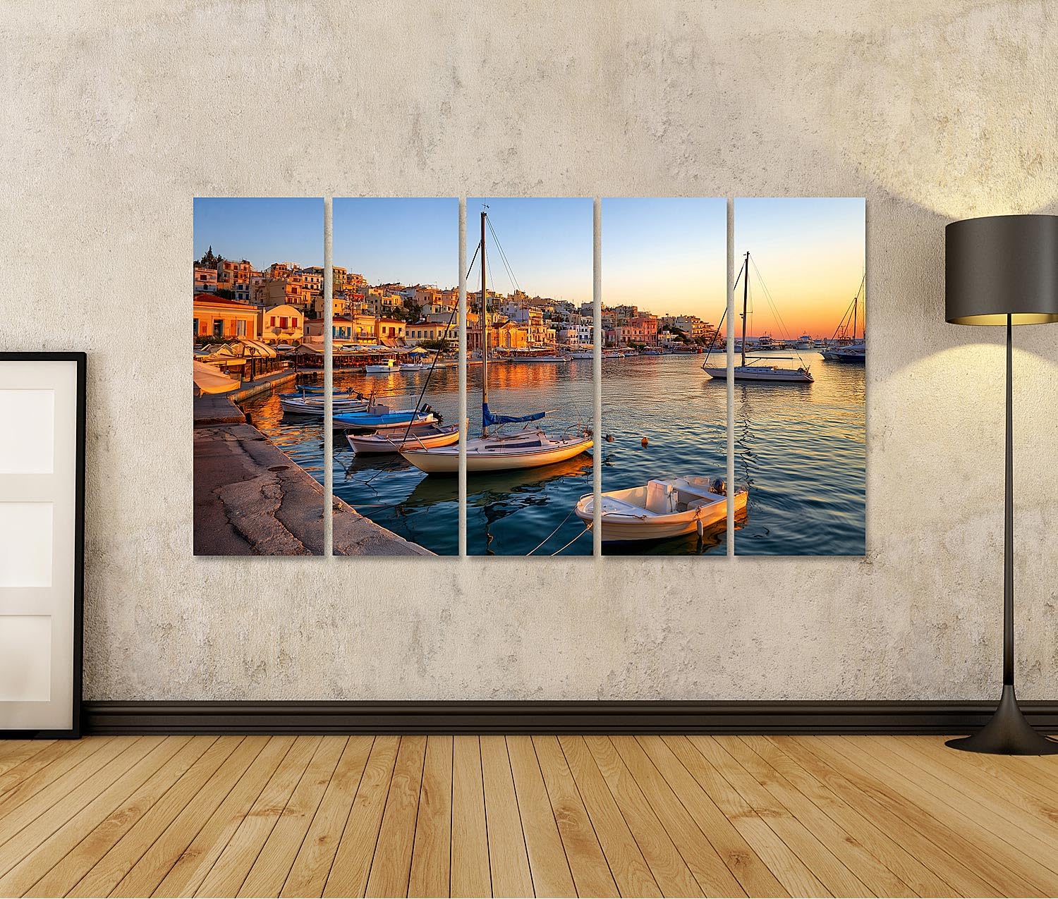 islandburner Quadro su tela da sogno barche a vela alla luce della sera, da parete, per soggiorno, per gli appassionati di viaggio, 5 pezzi, XXL