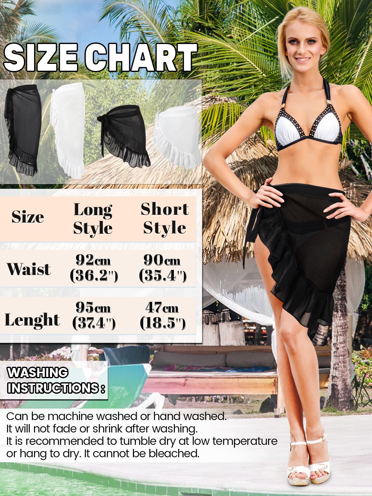 2 szt. Sarong kostiumy plażowe szyfonowe półprzezroczyste spódnice plażowe dla kobiet okrycie plażowe pareo sznurowane