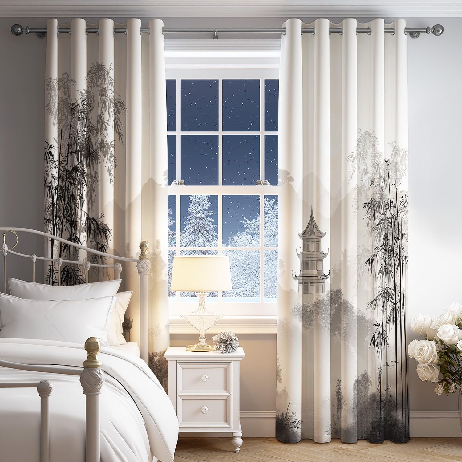 Generisch Vorhänge Blickdicht 2er Set 245 x 175 cm - Knitterfrei Gardinen vorhänge Tuschemalerei Landschaft Berg Schwarz Extra Breit mit Geräuschminderung mit Ösen für Schlafzimmer und Wohnzimmer