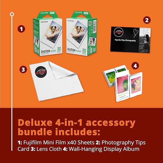 Instant Camera Film Bundle with Mini Film x 40 Shots, Wall Hanging Album, Clikoze Lens Cloth and Instant Photography Tips Card