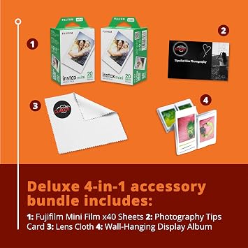 Instant Camera Film Bundle with Mini Film x 40 Shots, Wall Hanging Album, Clikoze Lens Cloth and Instant Photography Tips Card
