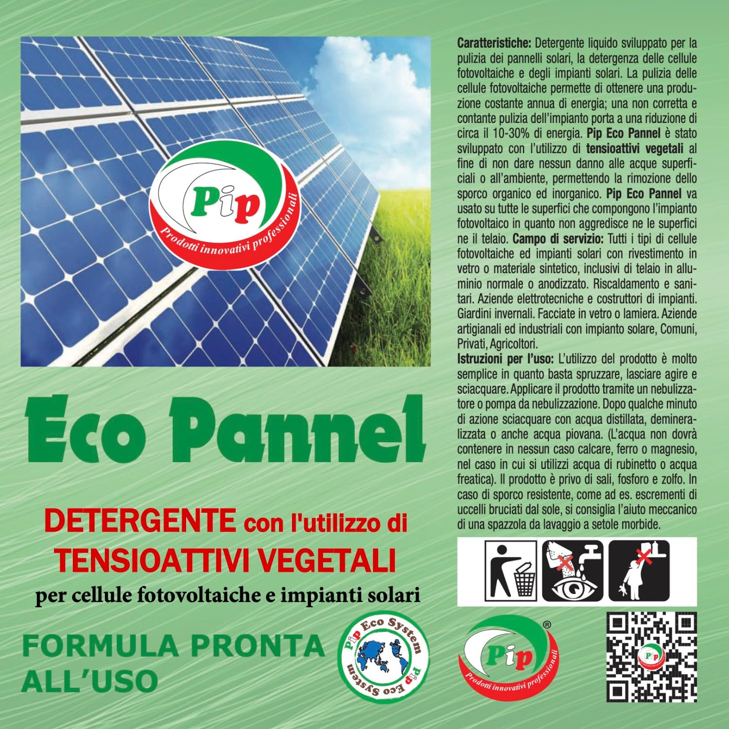 PIP Eco Pannel Detergente per Pannelli Fotovoltaici Pronto all’Uso 25L, Made in Italy – Pulizia Pannelli Solari Vegetale Ecologico Antistatico, Non Richiede Raccolta Acqua – Fino a 250 m² (25L)