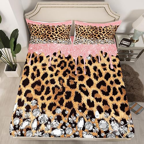 Manfei Sábana bajera ajustable de leopardo marrón, tamaño individual, juego de ropa de cama de 2 piezas con purpurina rosa para decoración de