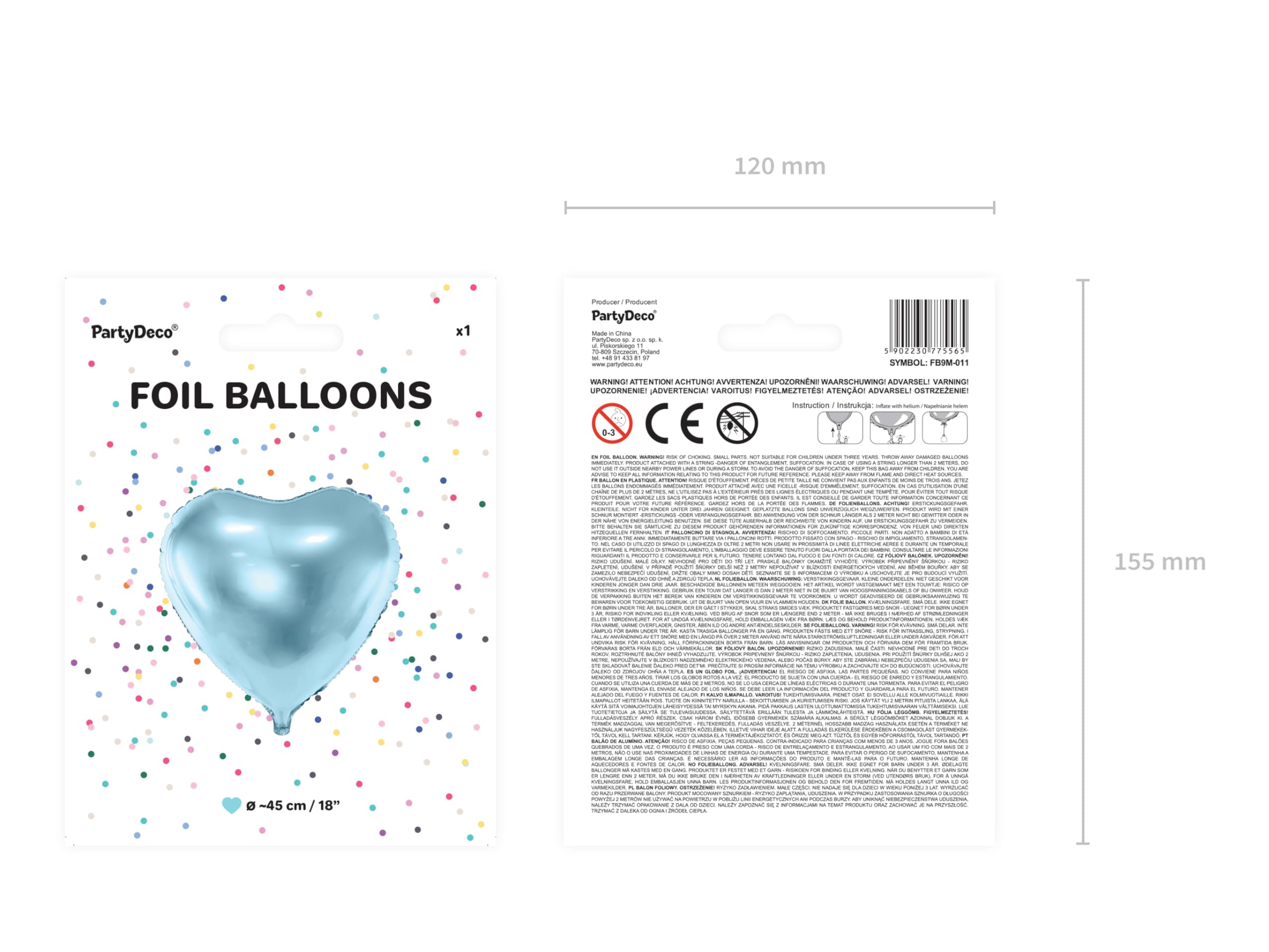 PartyDeco Light Blue Heart Foil Balloon - 45cm Mylar Metallic Balloon For Weddings, Baby Showers & Parties