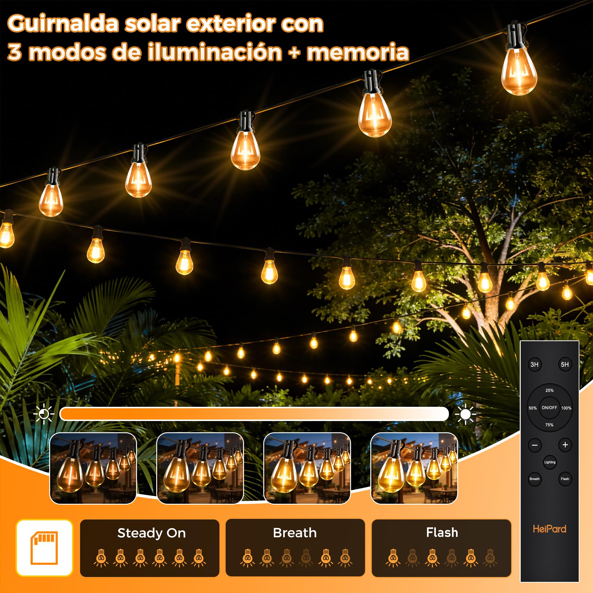 HeiPard Guirnalda Luces Exterior 20m Control Remoto, 30+2 Bombillas LED, IP45 Luces LED Exterior para Jardín, Terraza, Patio