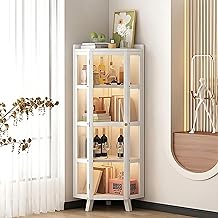 Corner Storage Cabinet, 5 Tier Corner Hutch Shelves with Acrylic Door, Floor Standing Display Shelf & Storage Bookcase, Farmhouse Medicine Cabinet for Home, Office, Living Room, Bedroom, Bamboo, White