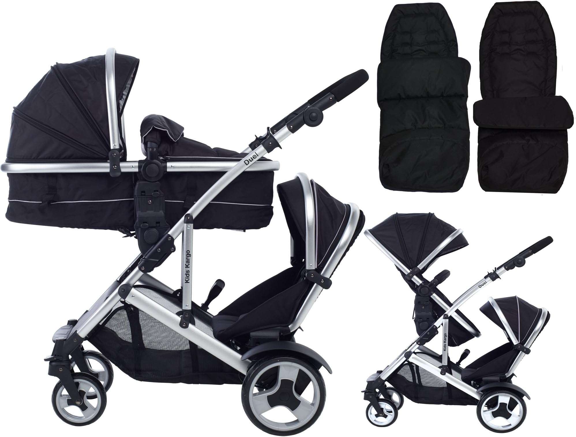 Kids Kargo Duel DS + Carrycot Liner/Mattress Insect net Carrycot Converts to Seat Unit. Also Includes 2 Raincovers, 2 footmuffs, Midnight Black, Double Tandem Pushchair