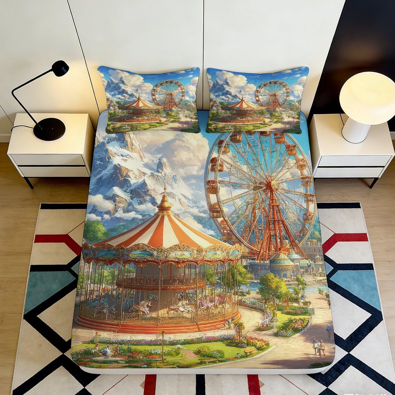 3D Printed Carousel Ferris Wheel Fitted Sheet Microfiber Soft Decorative Bed Cover for Bedroom Dorm Mattress Protection 120x200x25cm